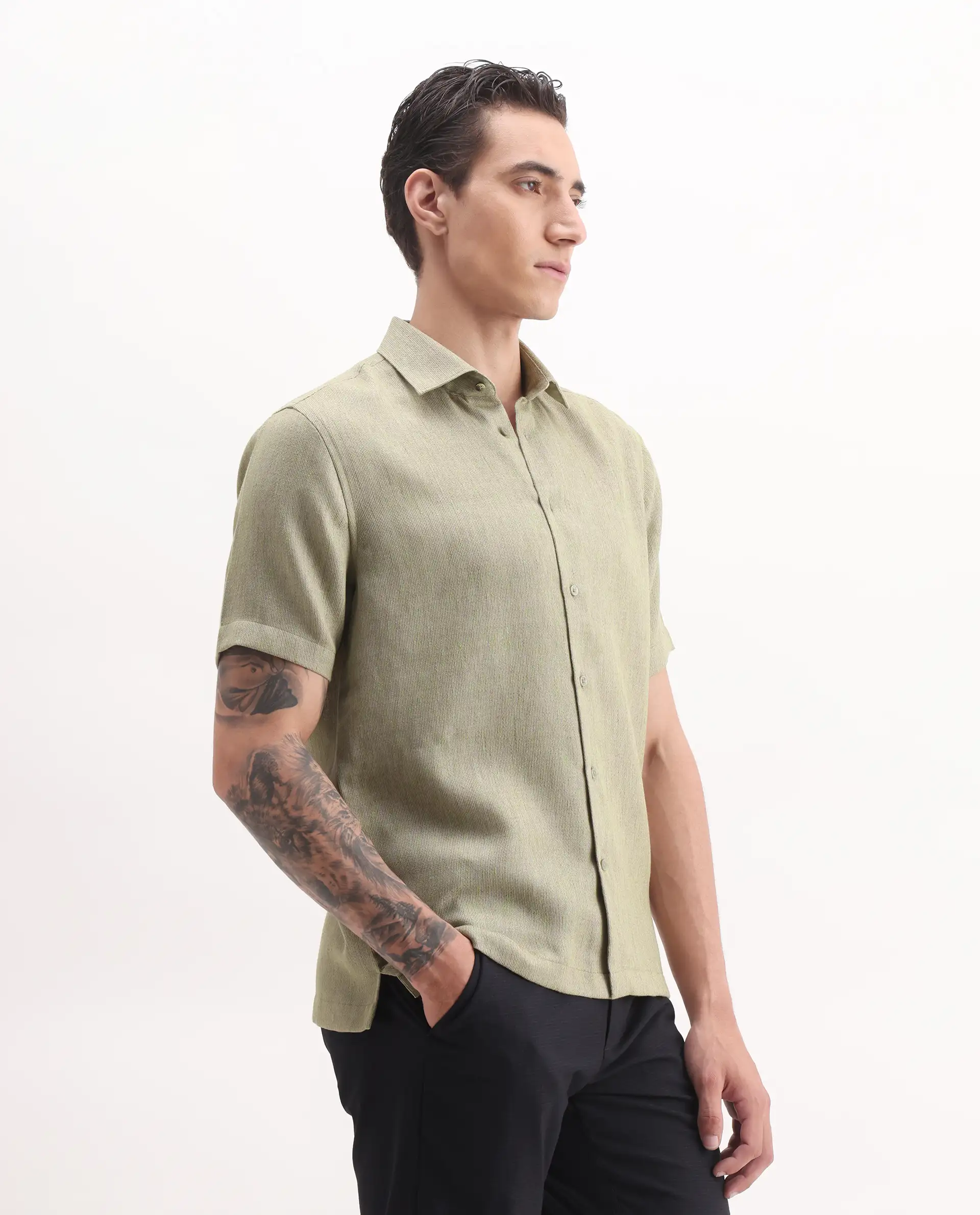 Rare Rabbit Men's Glet Dusky Green Polyester Plain Regular Fit Half Sleeve Collared Shirt - Image 6