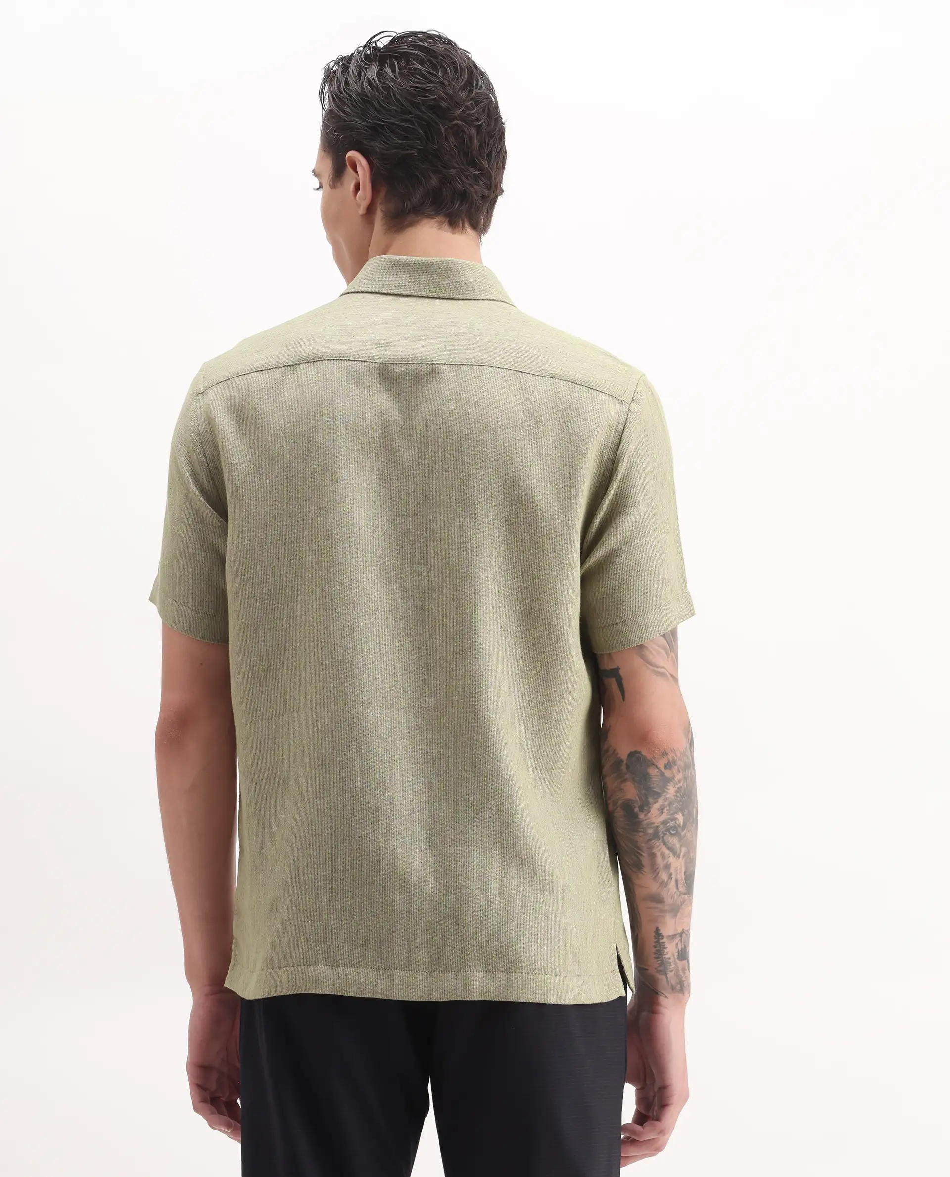 Rare Rabbit Men's Glet Dusky Green Polyester Plain Regular Fit Half Sleeve Collared Shirt - Image 7