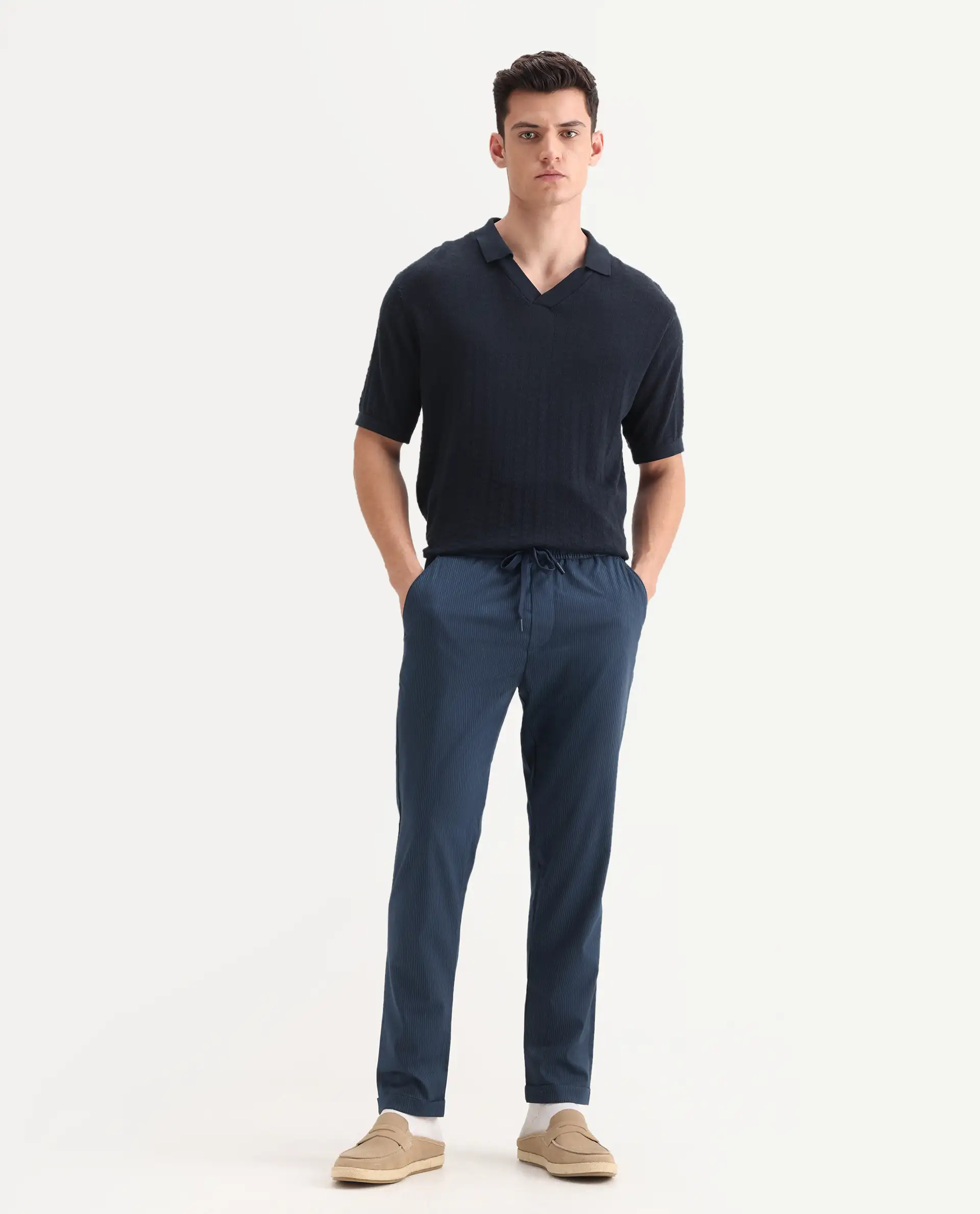 Rare Rabbit Men's Glew Dark Teal Cotton Plain Regular Fit Trouser - Image 4