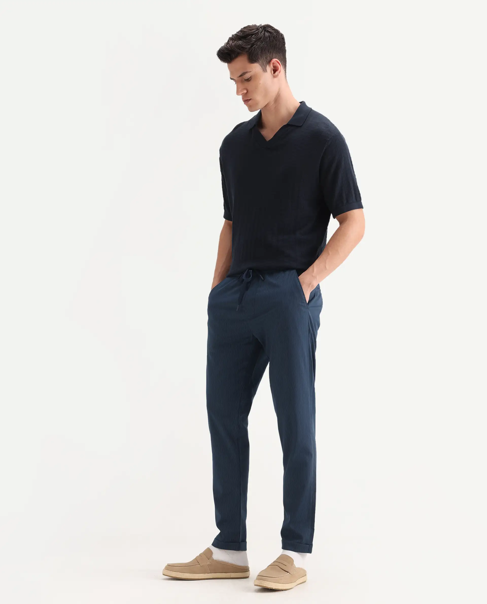Rare Rabbit Men's Glew Dark Teal Cotton Plain Regular Fit Trouser - Image 5