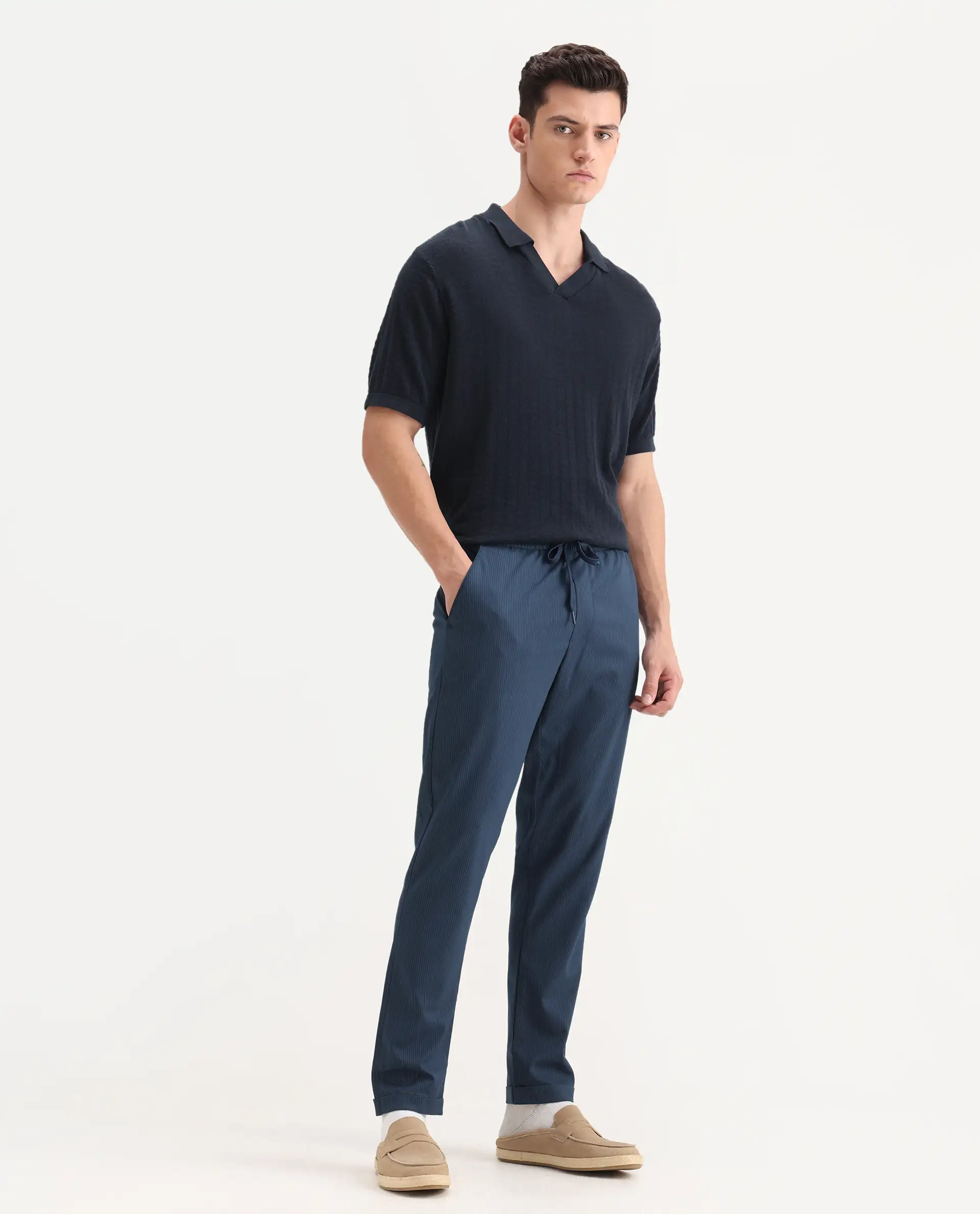 Rare Rabbit Men's Glew Dark Teal Cotton Plain Regular Fit Trouser - Image 6