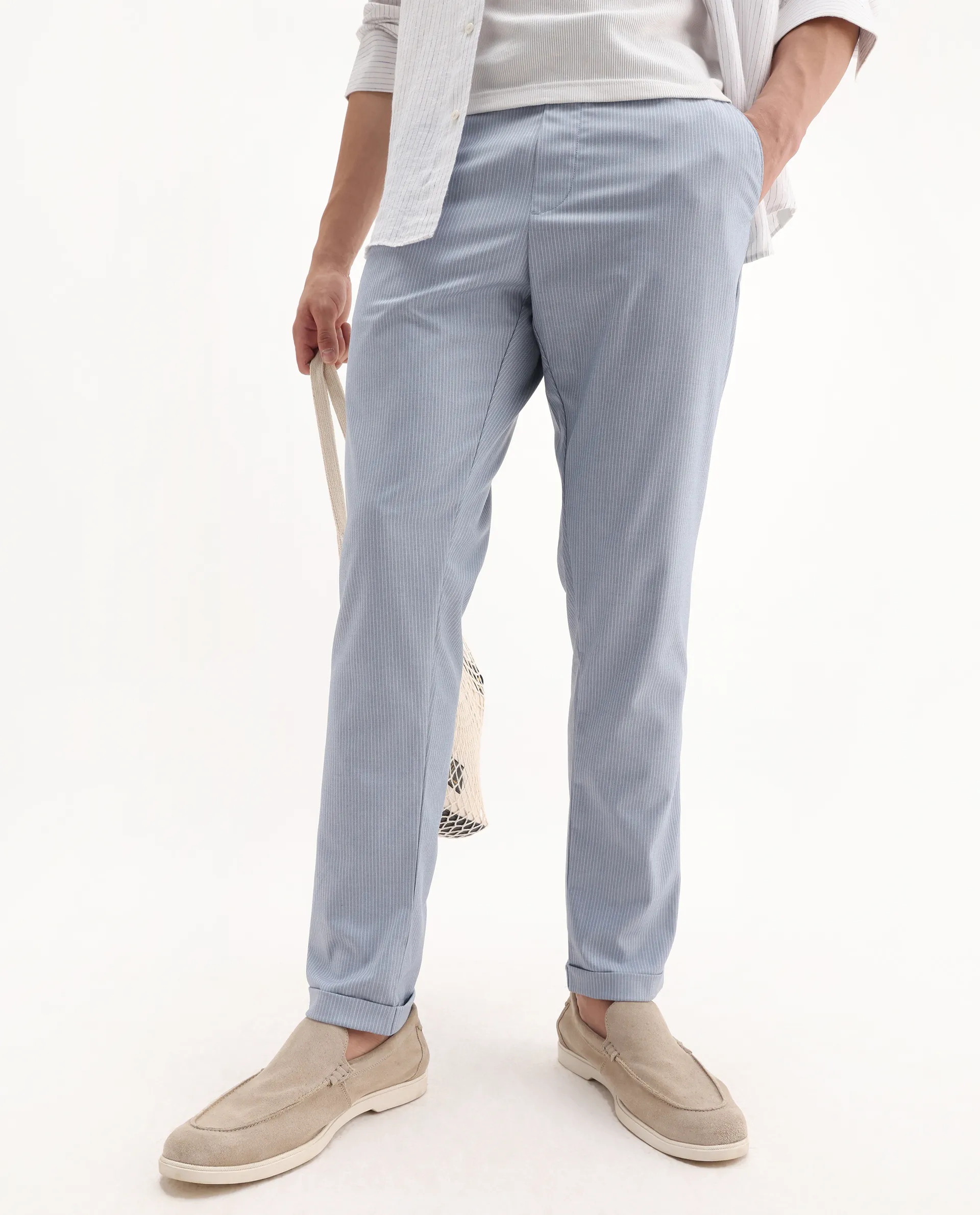 Rare Rabbit Men's Glew Pastel Blue Cotton Striped Print Regular Fit Trouser - Image 2