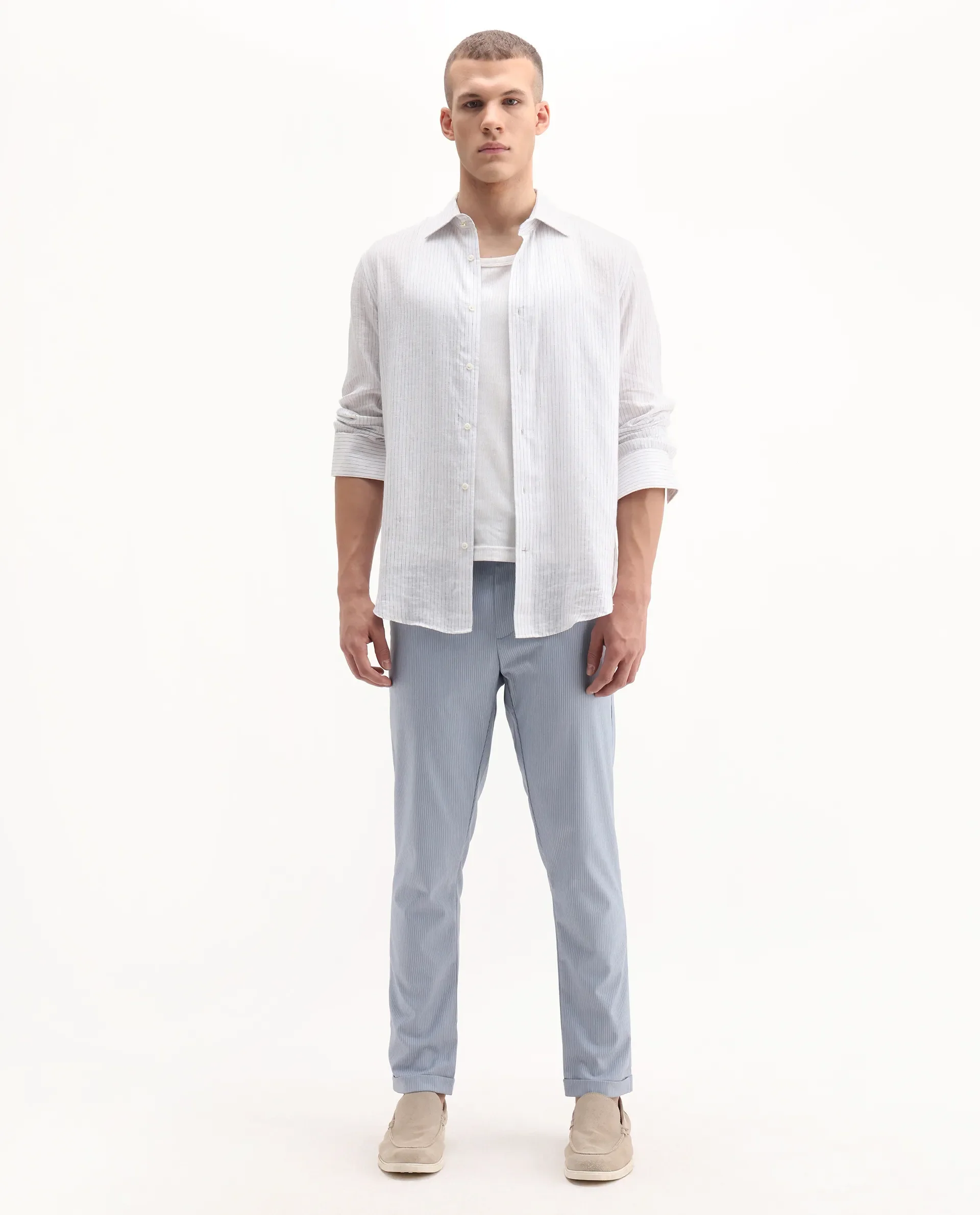 Rare Rabbit Men's Glew Pastel Blue Cotton Striped Print Regular Fit Trouser - Image 4