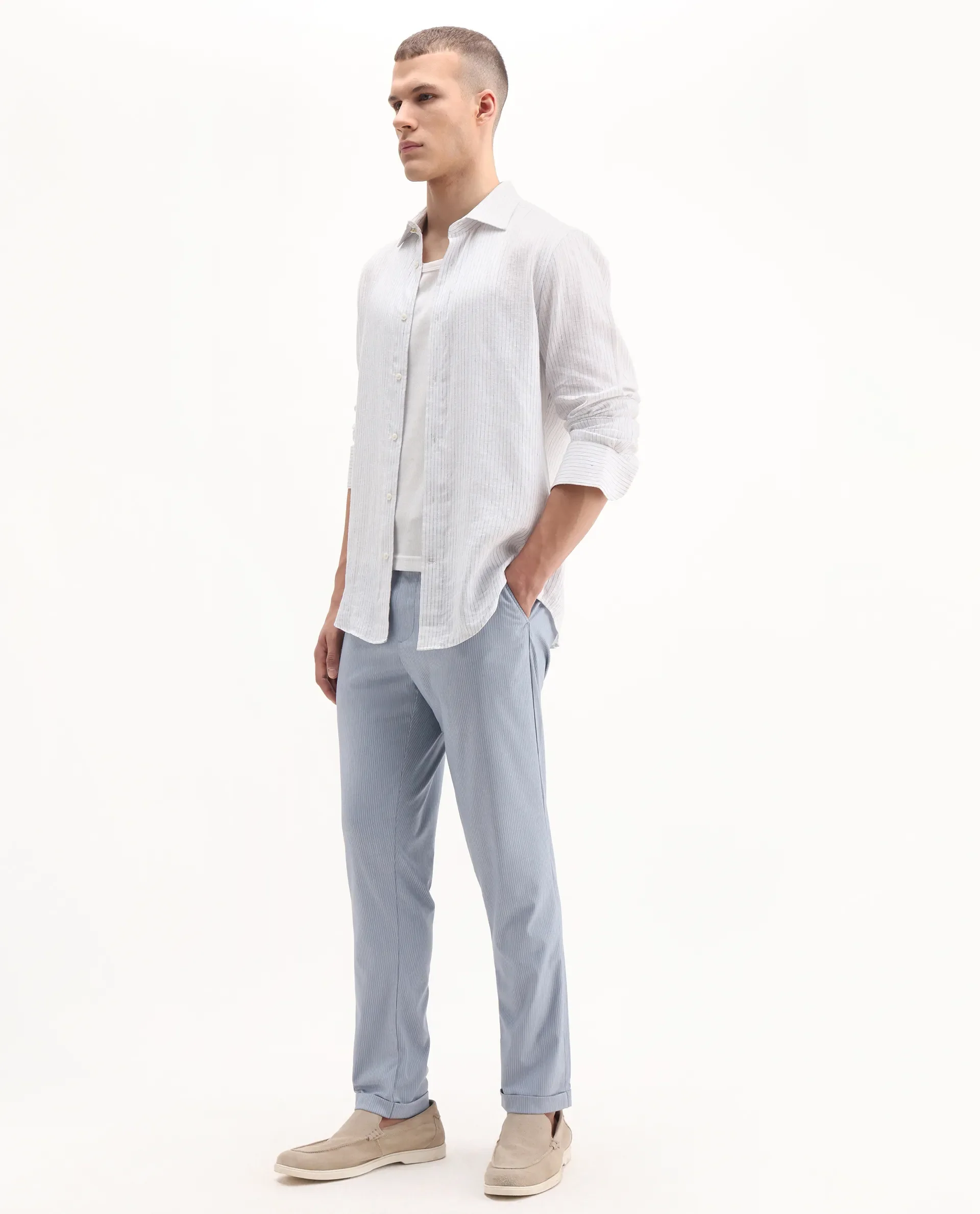 Rare Rabbit Men's Glew Pastel Blue Cotton Striped Print Regular Fit Trouser - Image 5