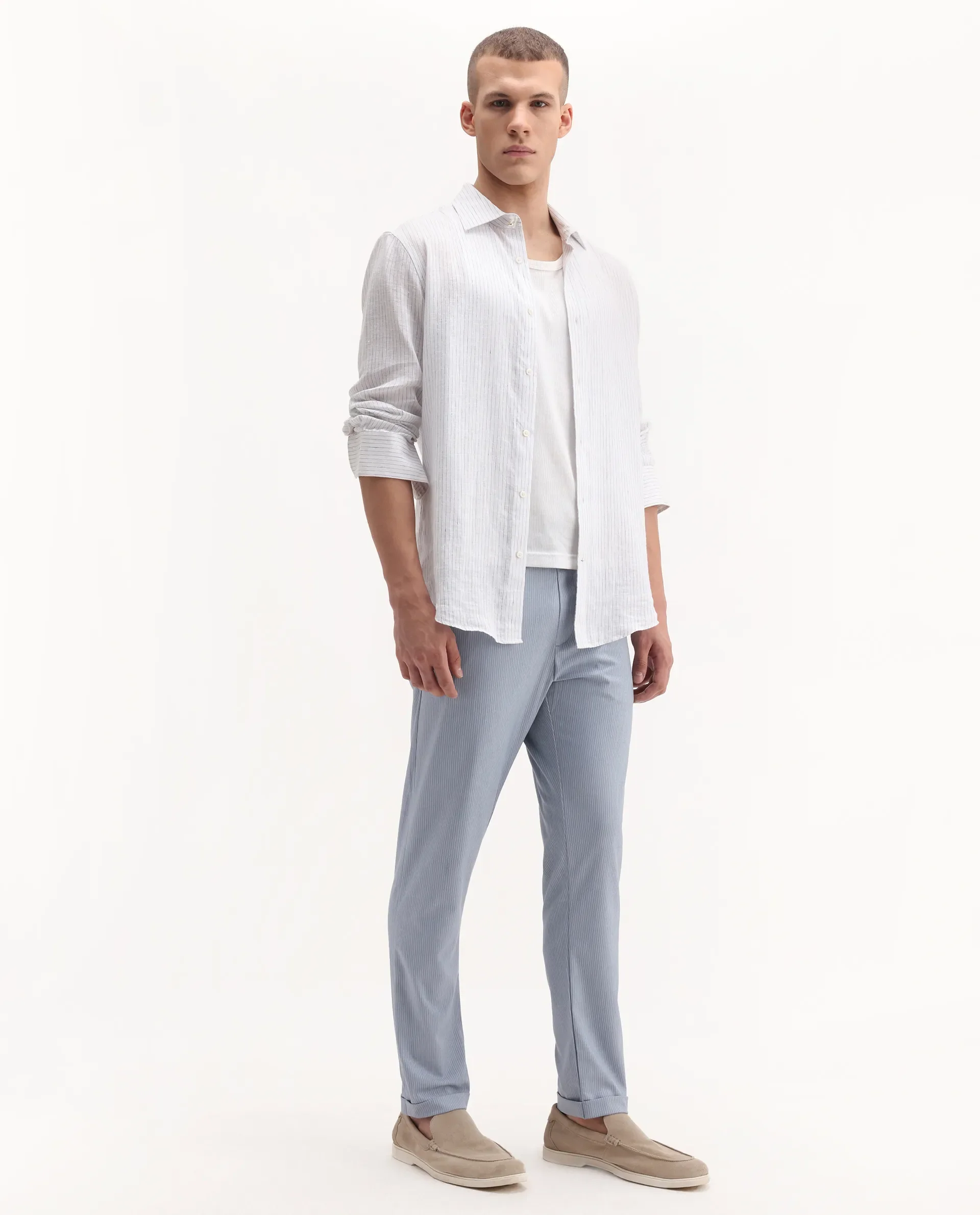 Rare Rabbit Men's Glew Pastel Blue Cotton Striped Print Regular Fit Trouser - Image 6