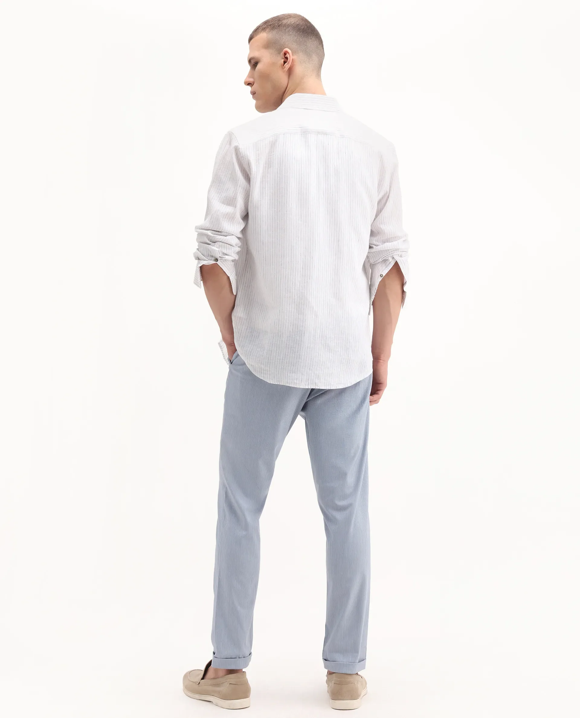 Rare Rabbit Men's Glew Pastel Blue Cotton Striped Print Regular Fit Trouser - Image 8