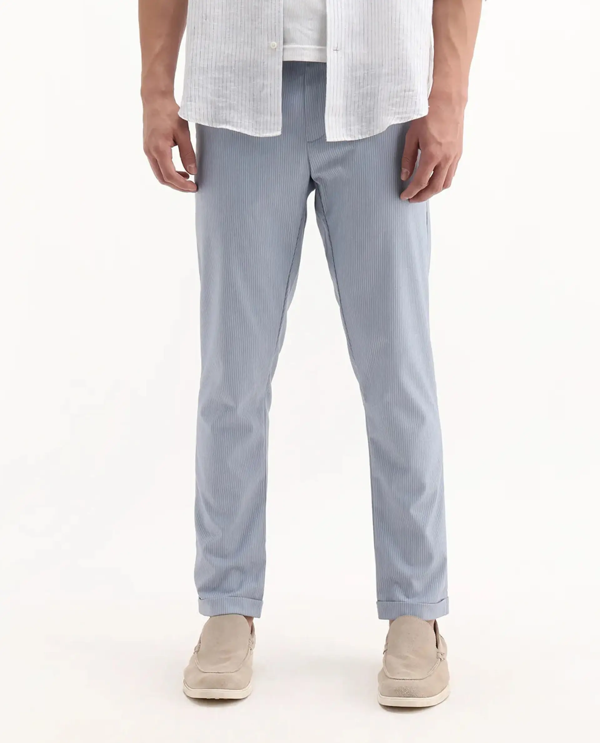 Rare Rabbit Men's Glew Pastel Blue Cotton Striped Print Regular Fit Trouser - Image 9