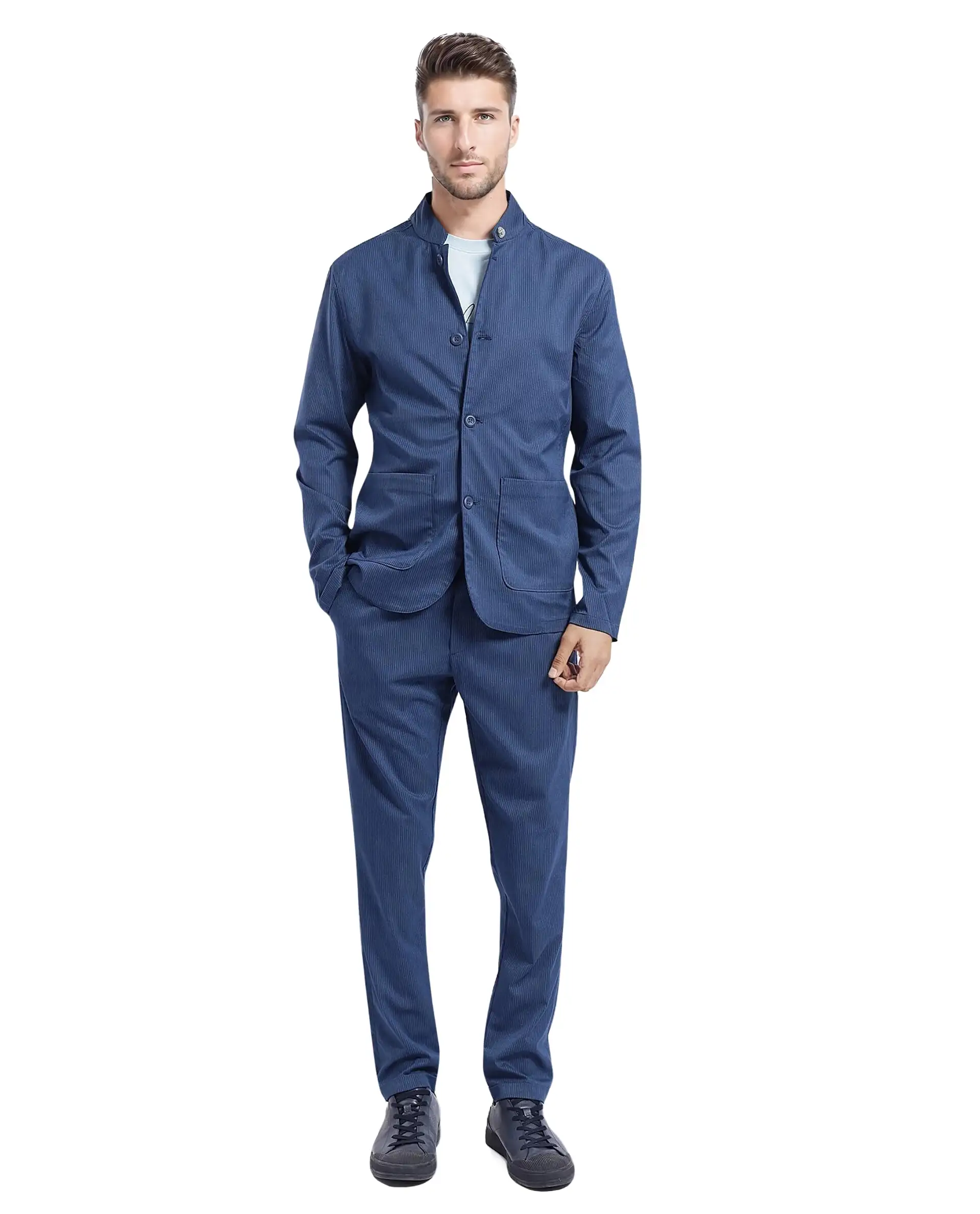 Rare Rabbit Men's Glewt Dark Teal Polyester Blend Striped Print Regular Fit Full Sleeve Mandarin Collar Jacket - Image 2