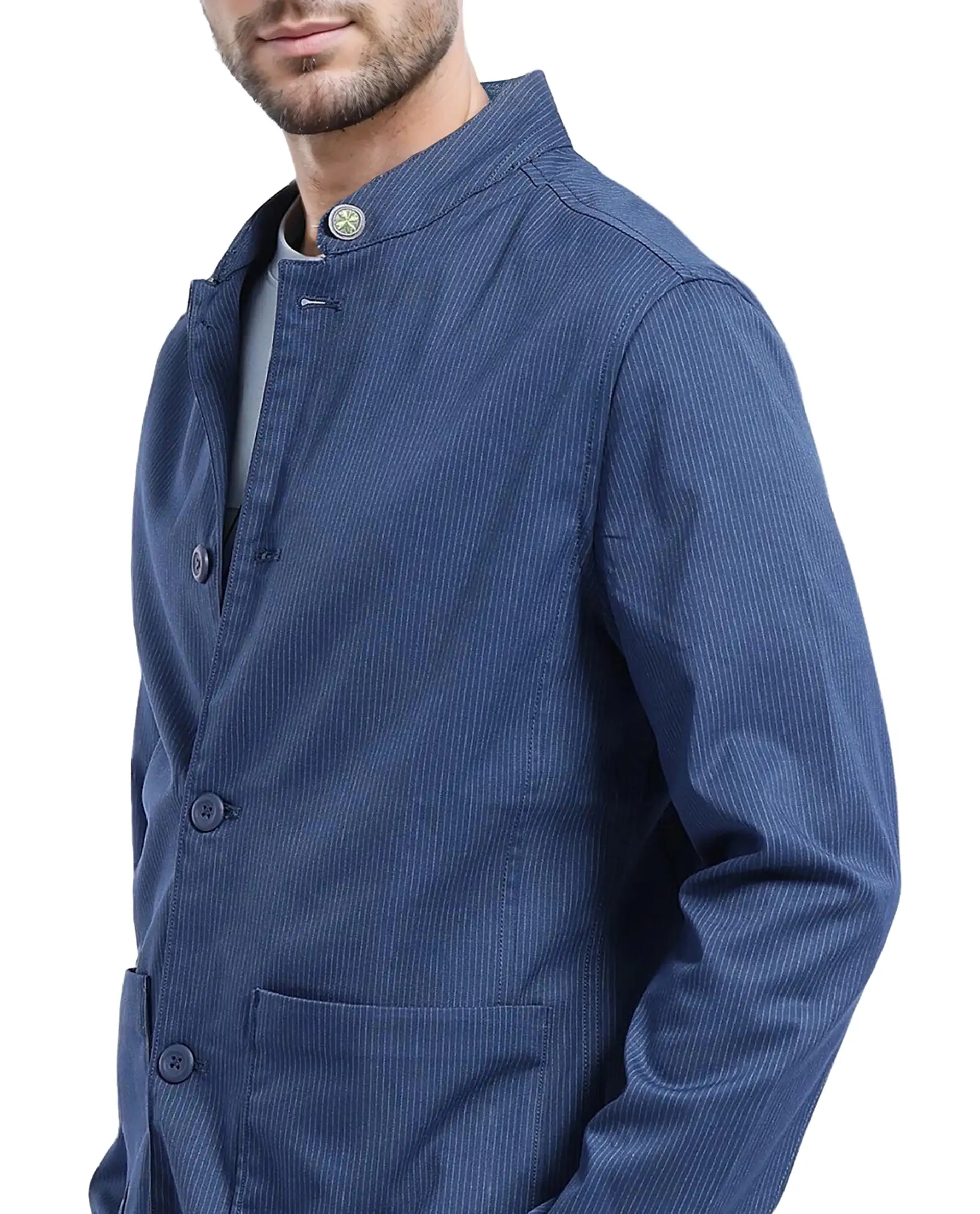 Rare Rabbit Men's Glewt Dark Teal Polyester Blend Striped Print Regular Fit Full Sleeve Mandarin Collar Jacket - Image 3
