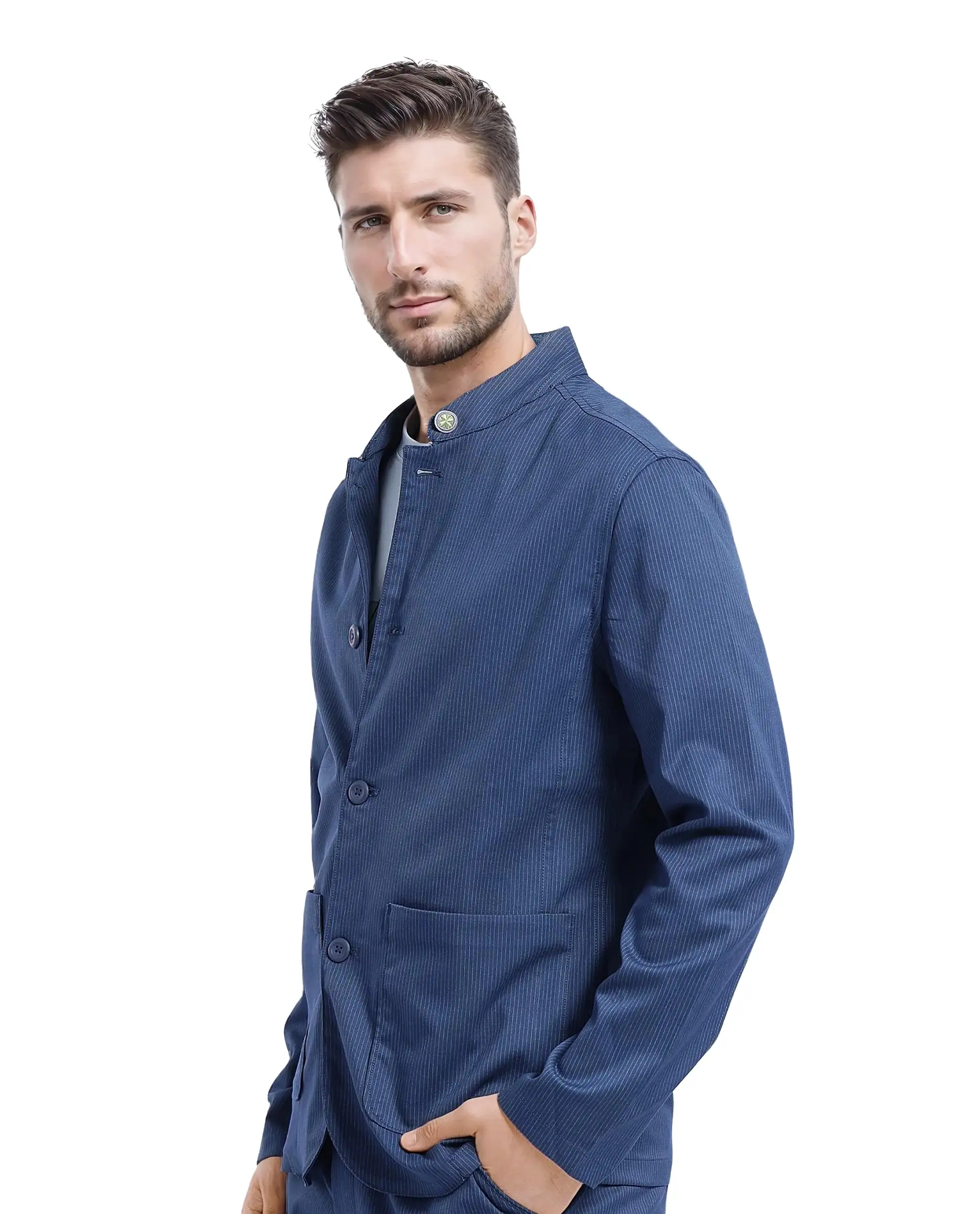 Rare Rabbit Men's Glewt Dark Teal Polyester Blend Striped Print Regular Fit Full Sleeve Mandarin Collar Jacket - Image 6