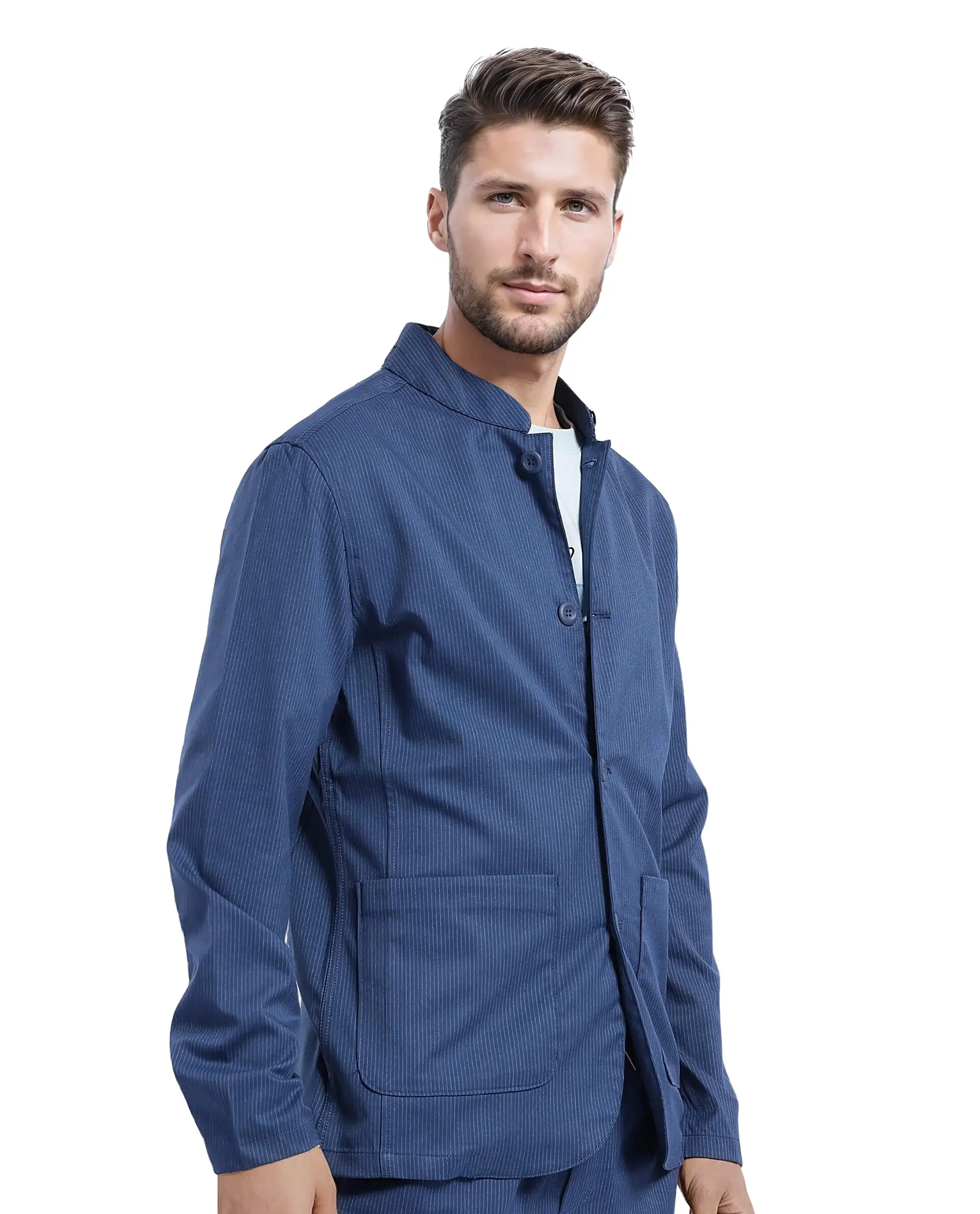 Rare Rabbit Men's Glewt Dark Teal Polyester Blend Striped Print Regular Fit Full Sleeve Mandarin Collar Jacket - Image 7