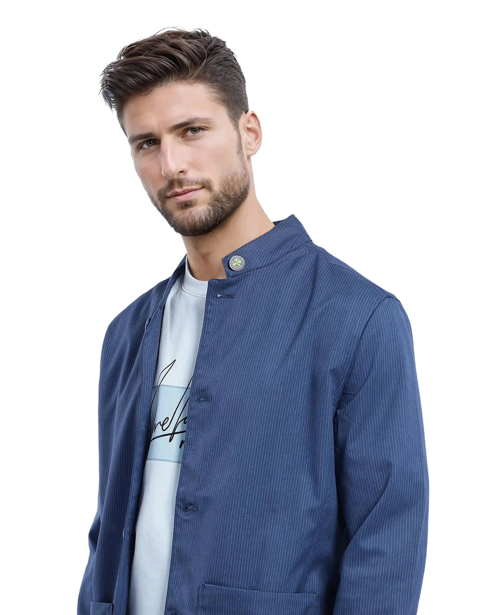Rare Rabbit Men's Glewt Dark Teal Polyester Blend Striped Print Regular Fit Full Sleeve Mandarin Collar Jacket - Image 8