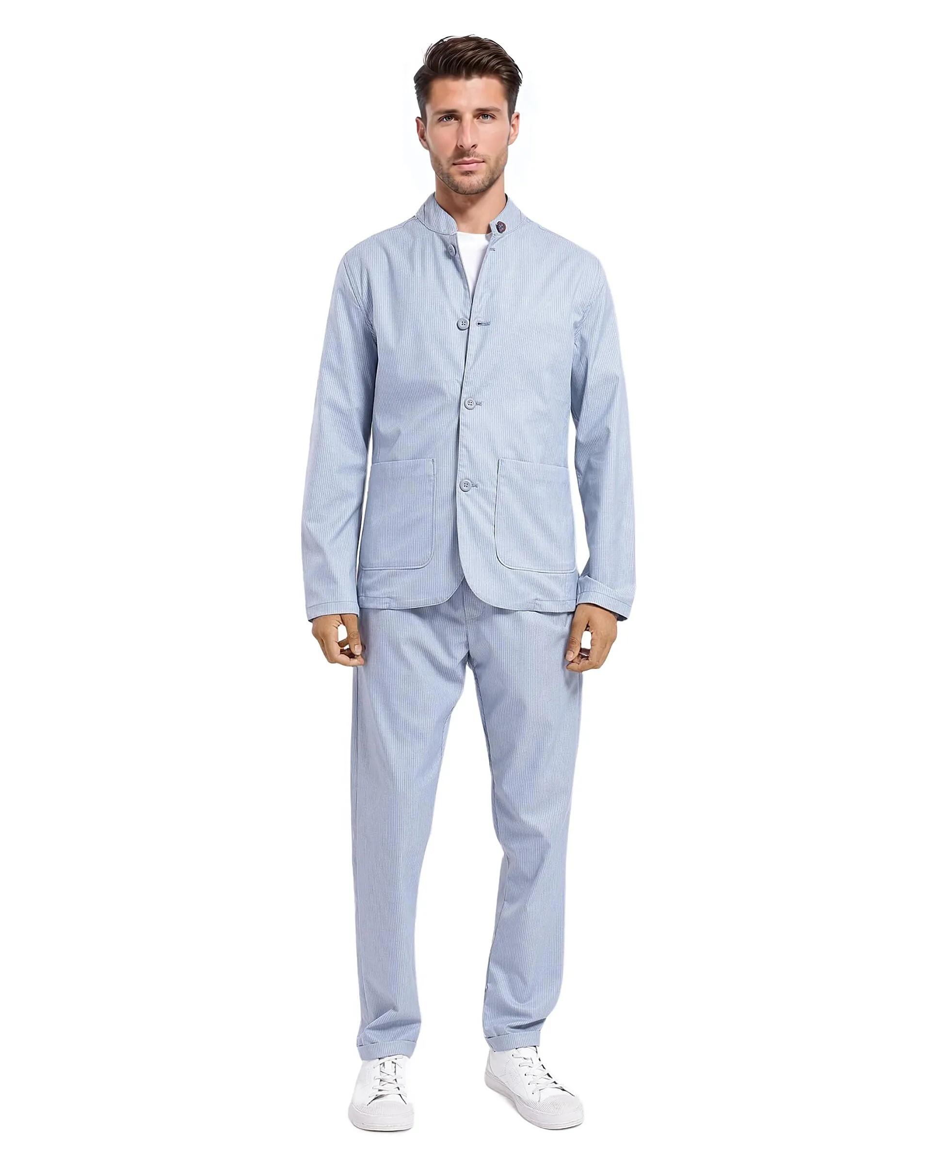 Rare Rabbit Men's Glewt Pastel Blue Striped Print Regular Fit Full Sleeve Spread Collar Jacket - Image 2