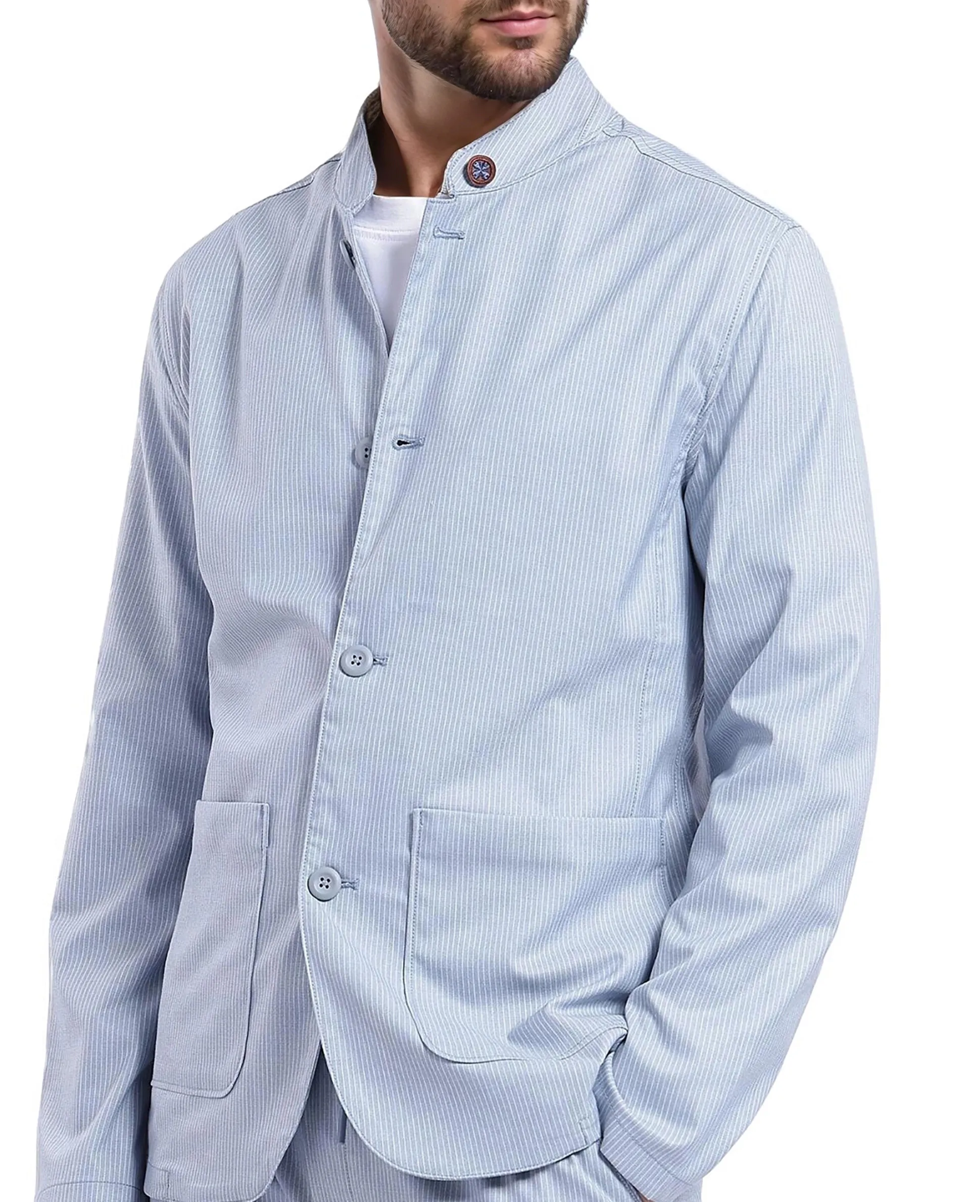 Rare Rabbit Men's Glewt Pastel Blue Striped Print Regular Fit Full Sleeve Spread Collar Jacket - Image 3