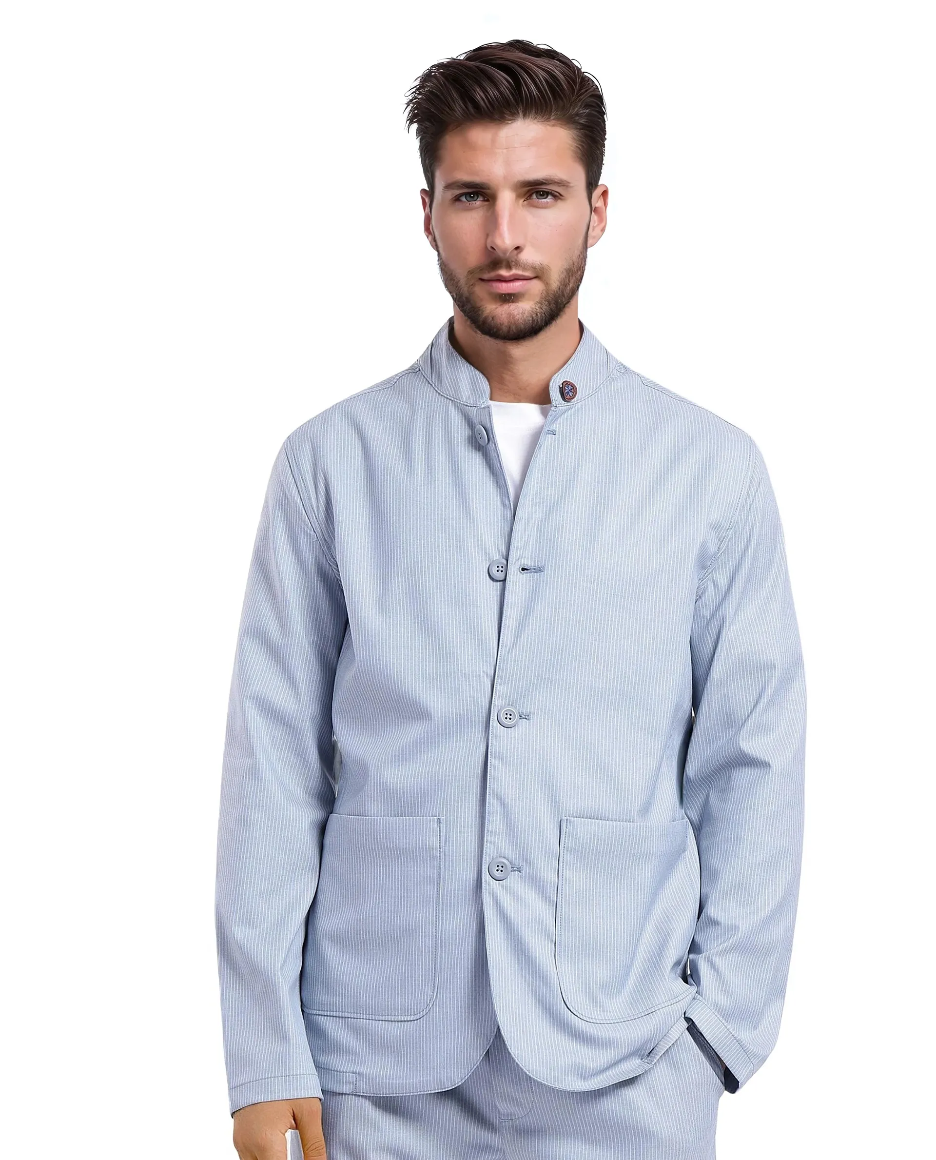 Rare Rabbit Men's Glewt Pastel Blue Striped Print Regular Fit Full Sleeve Spread Collar Jacket - Image 6