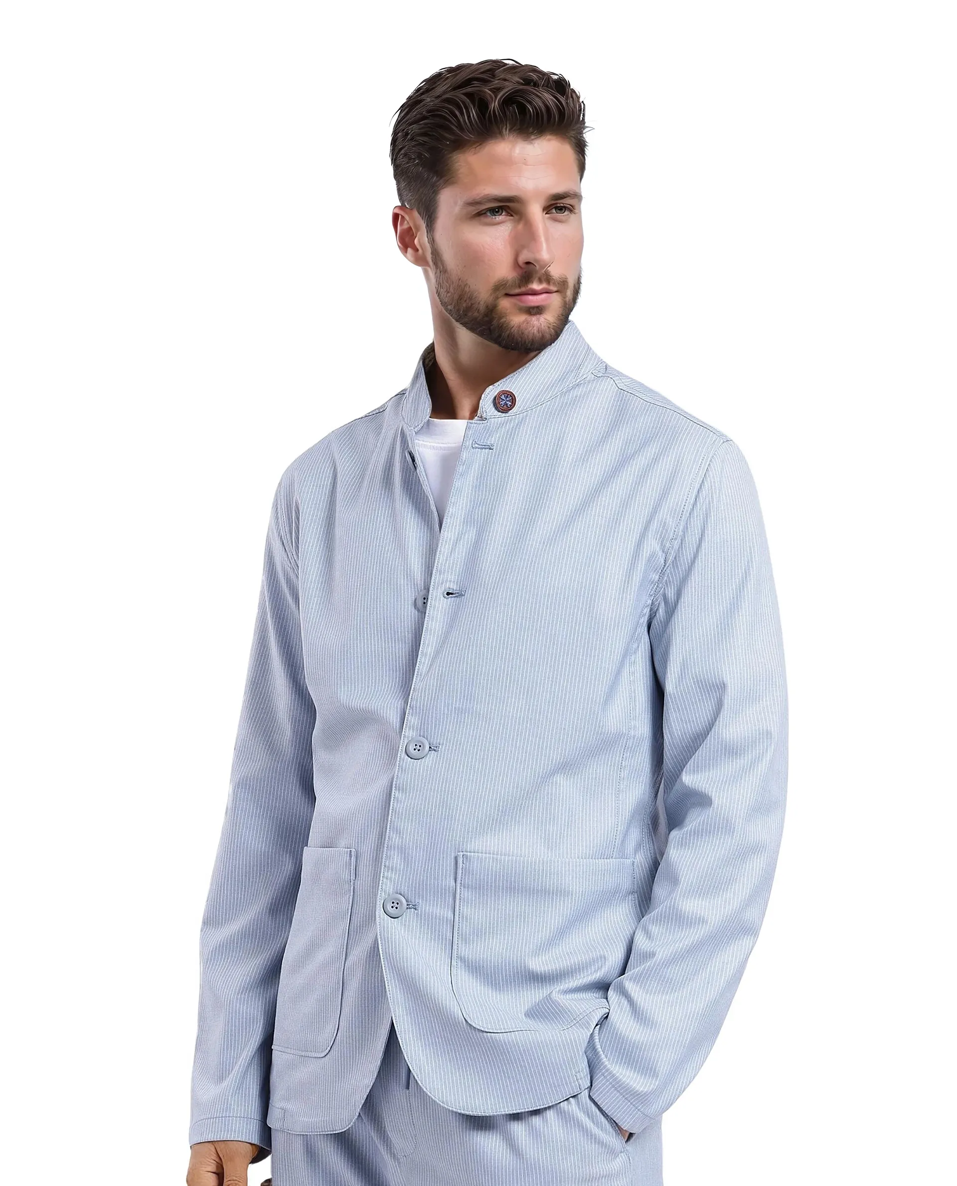 Rare Rabbit Men's Glewt Pastel Blue Striped Print Regular Fit Full Sleeve Spread Collar Jacket - Image 7
