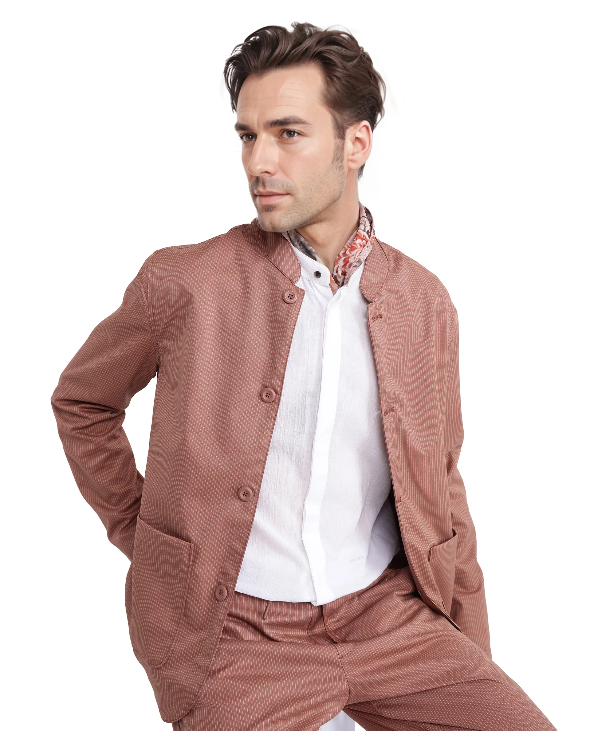 Rare Rabbit Men's Glewt Rust Striped Print Regular Fit Full Sleeve Spread Collar Jacket - Image 2