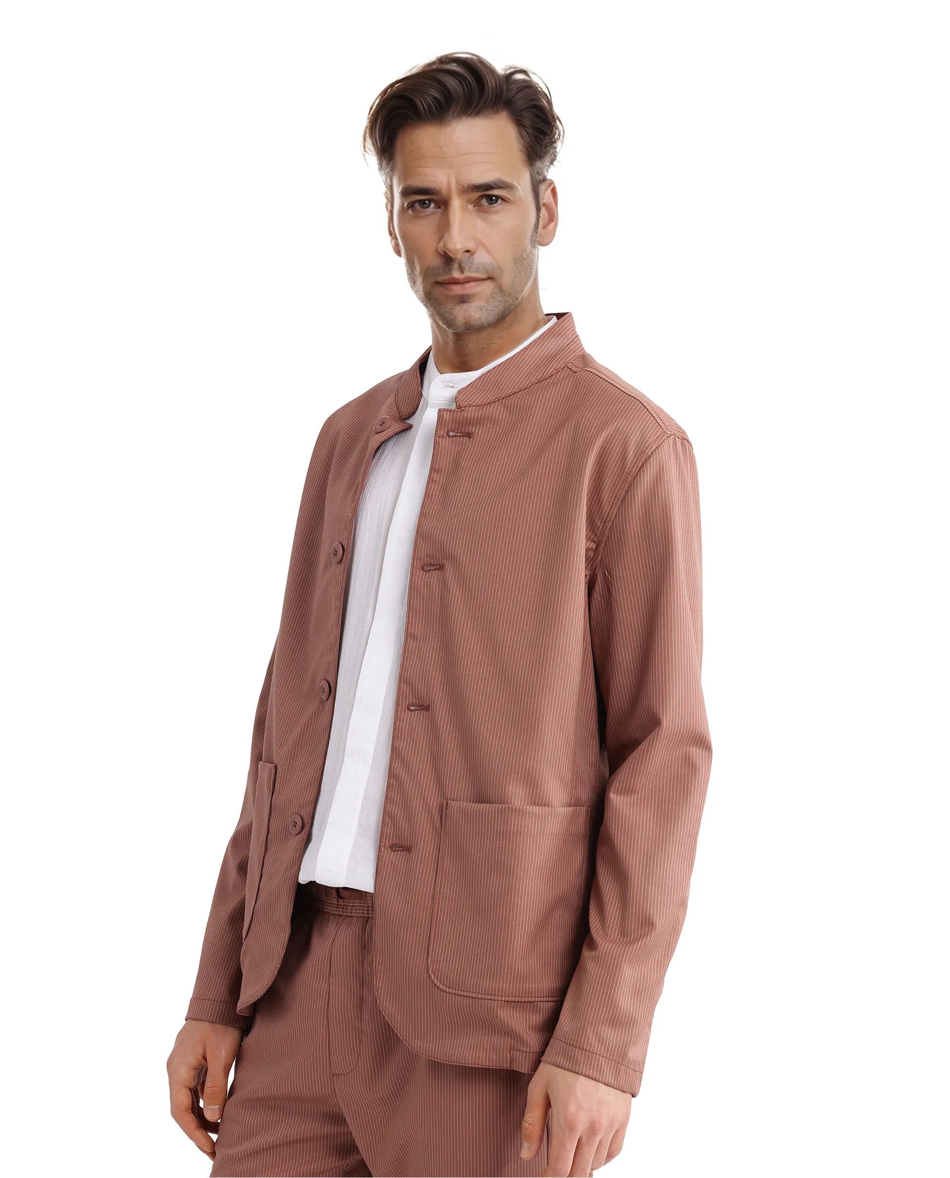 Rare Rabbit Men's Glewt Rust Striped Print Regular Fit Full Sleeve Spread Collar Jacket - Image 3