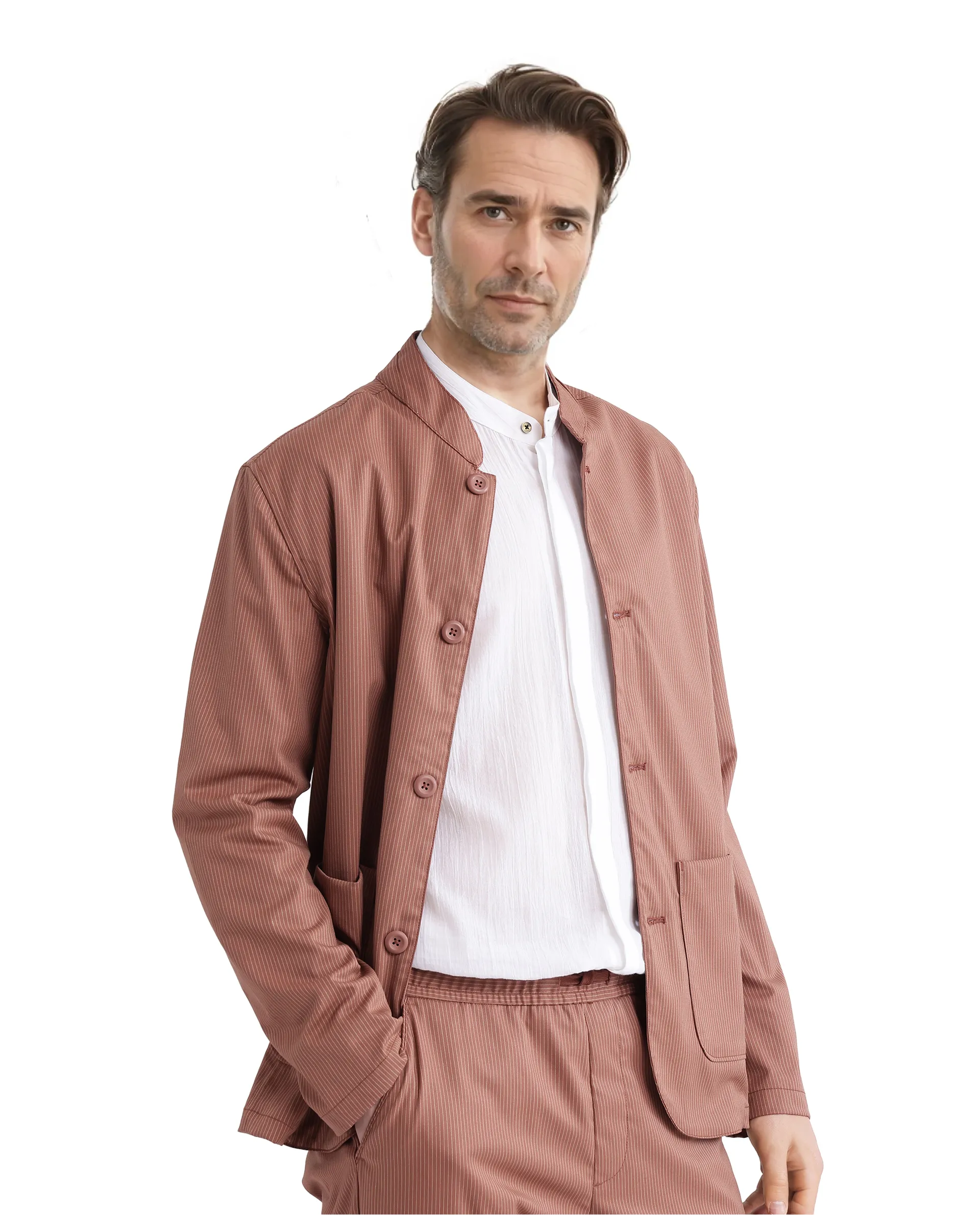 Rare Rabbit Men's Glewt Rust Striped Print Regular Fit Full Sleeve Spread Collar Jacket - Image 4