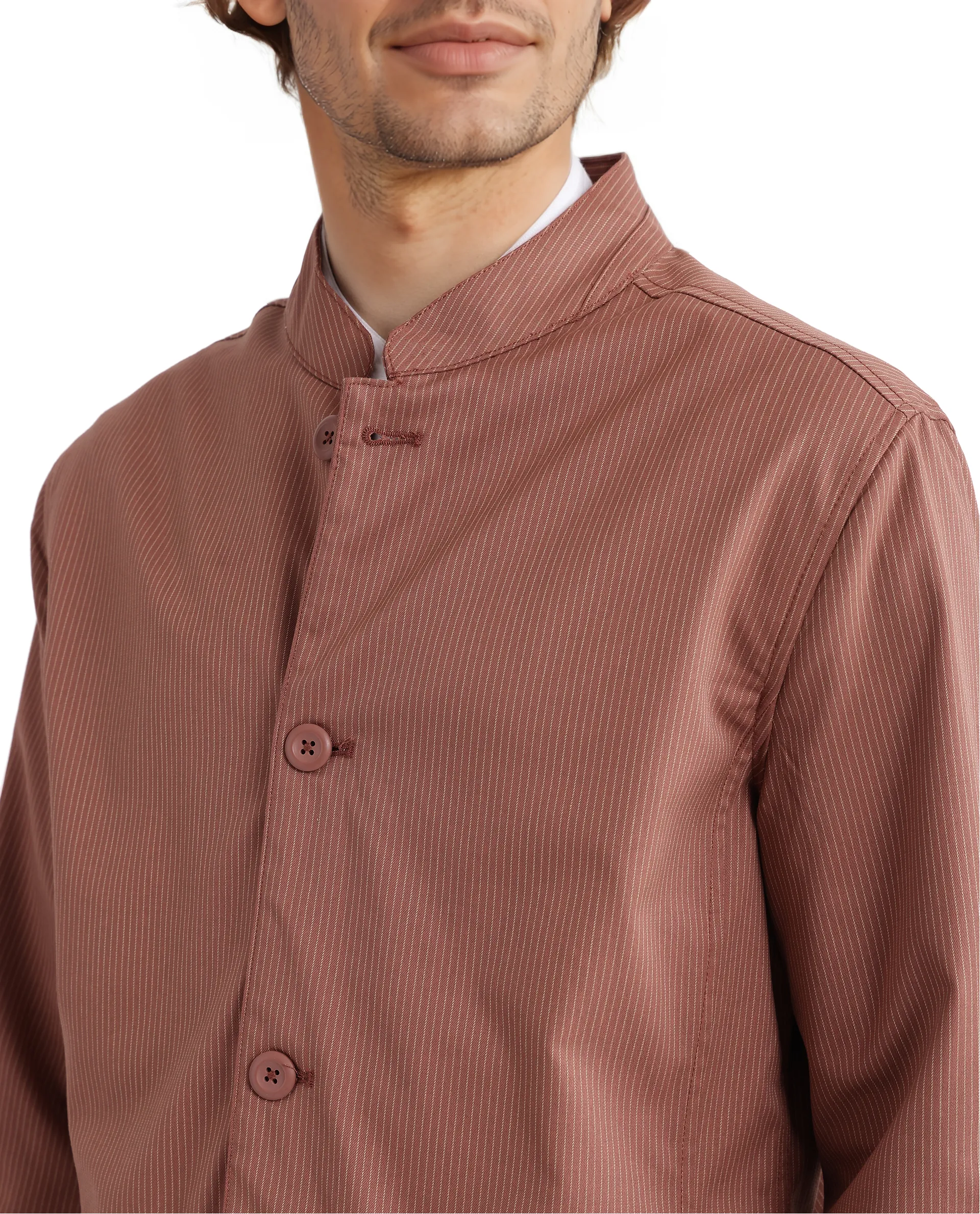Rare Rabbit Men's Glewt Rust Striped Print Regular Fit Full Sleeve Spread Collar Jacket - Image 5