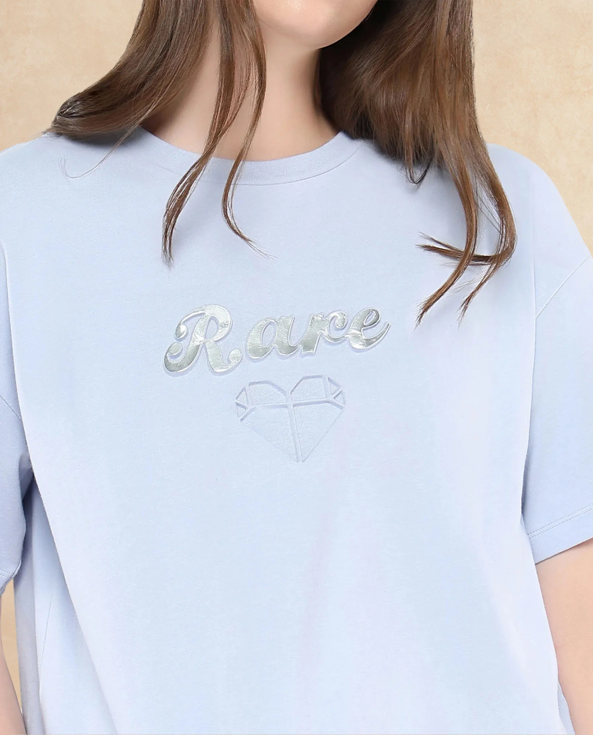 Rareism Women's Glimp Light Blue Cotton Blend Crew Neck Graphic Print Relaxed Fit T-Shirt - Image 2