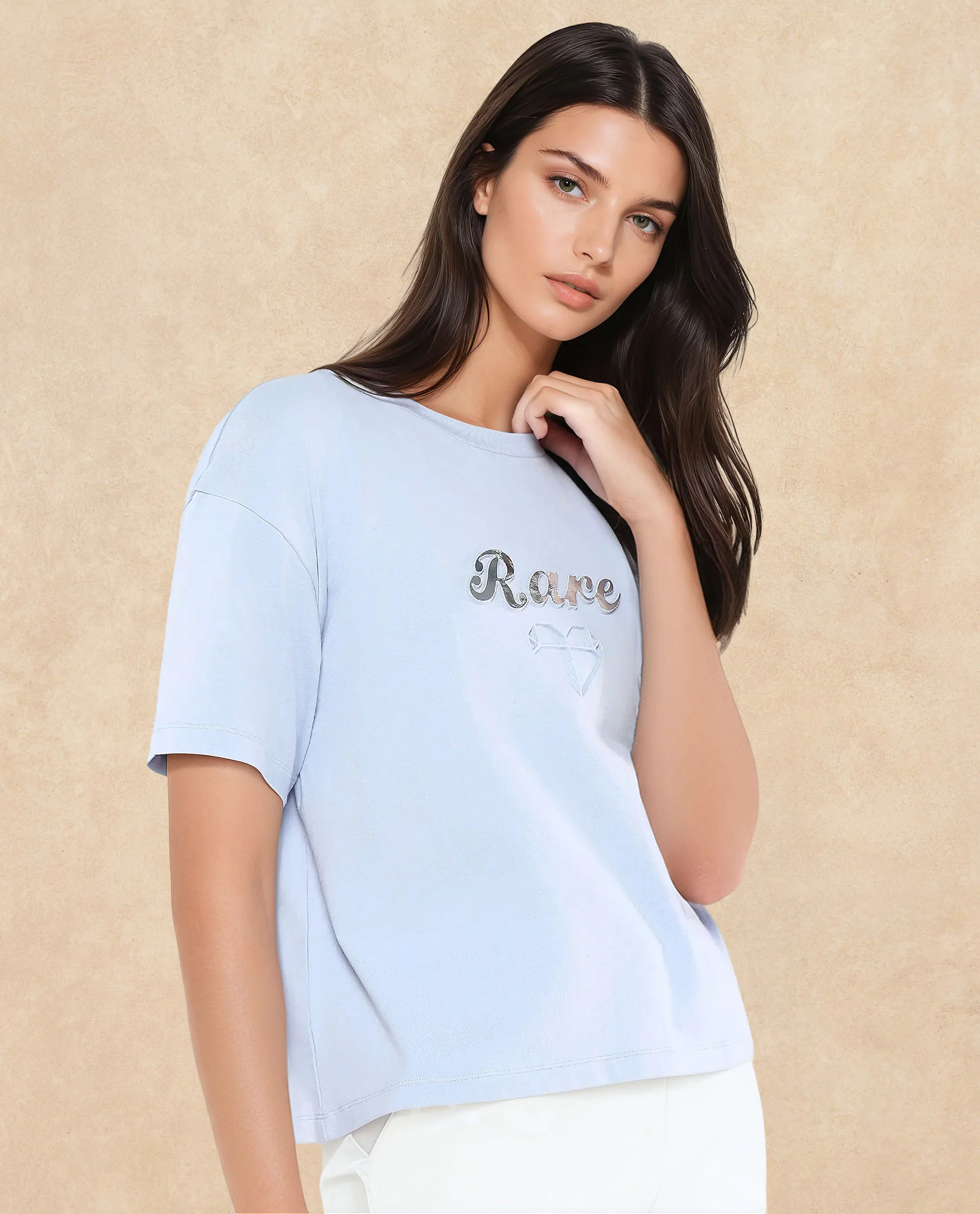Rareism Women's Glimp Light Blue Cotton Blend Crew Neck Graphic Print Relaxed Fit T-Shirt - Image 4