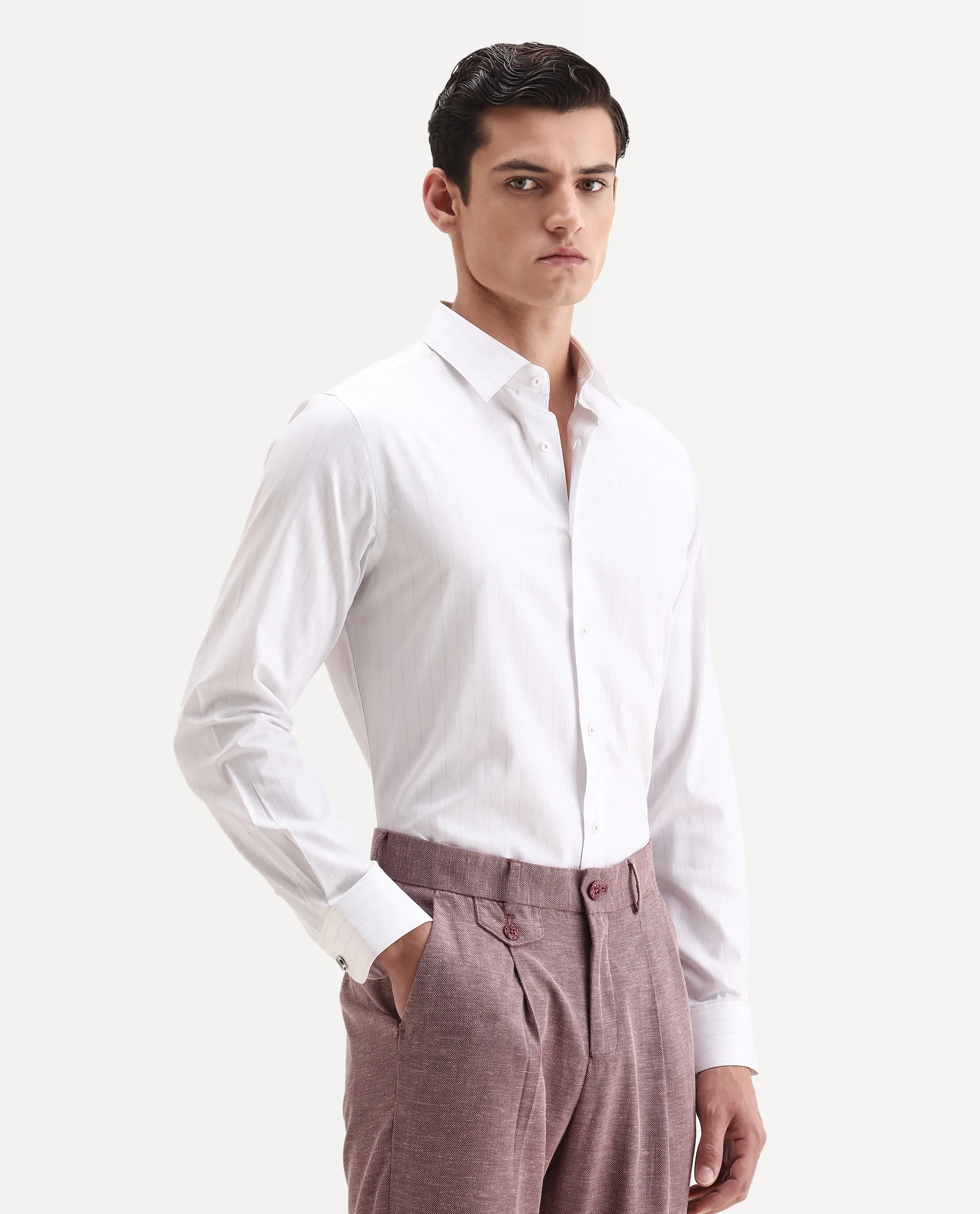 Rare Rabbit Men's Glin Purple Cotton Fabric Collared Neck Regular Fit Striped Shirt - Image 4
