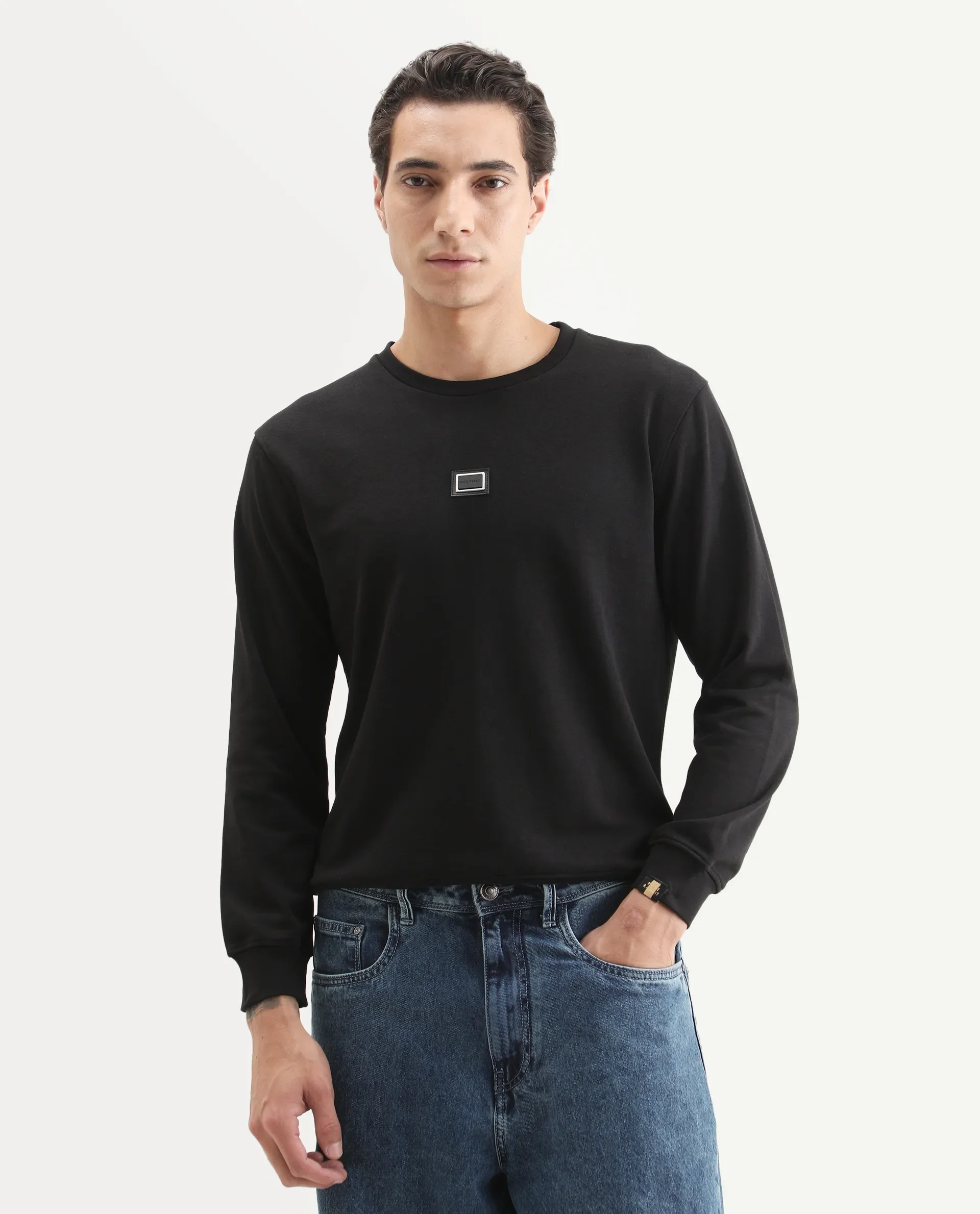 Rare Rabbit Men's Glitch Black Cotton Plain Regular Fit Full Sleeve Crew Neck Sweatshirt - Image 2