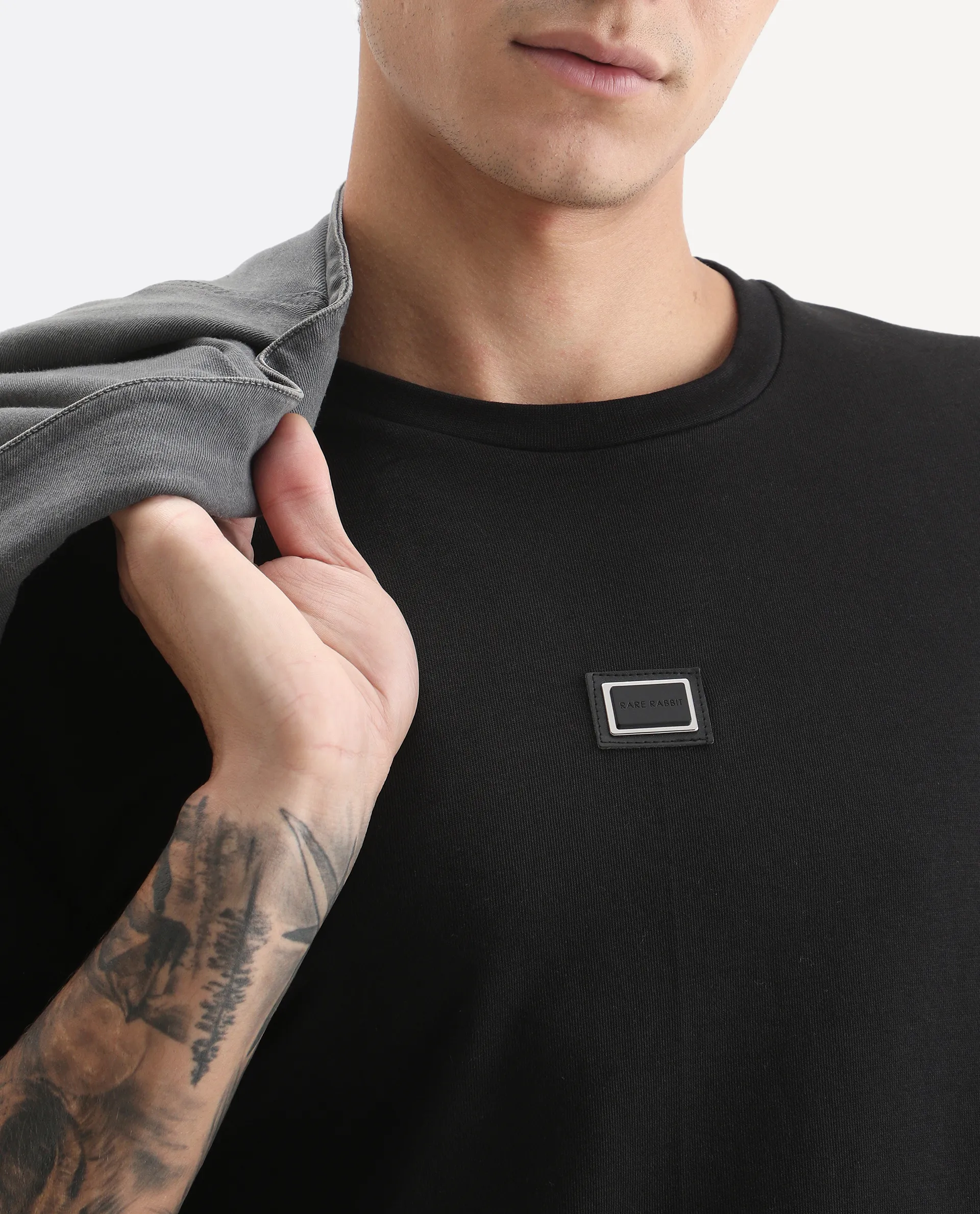 Rare Rabbit Men's Glitch Black Cotton Plain Regular Fit Full Sleeve Crew Neck Sweatshirt - Image 3