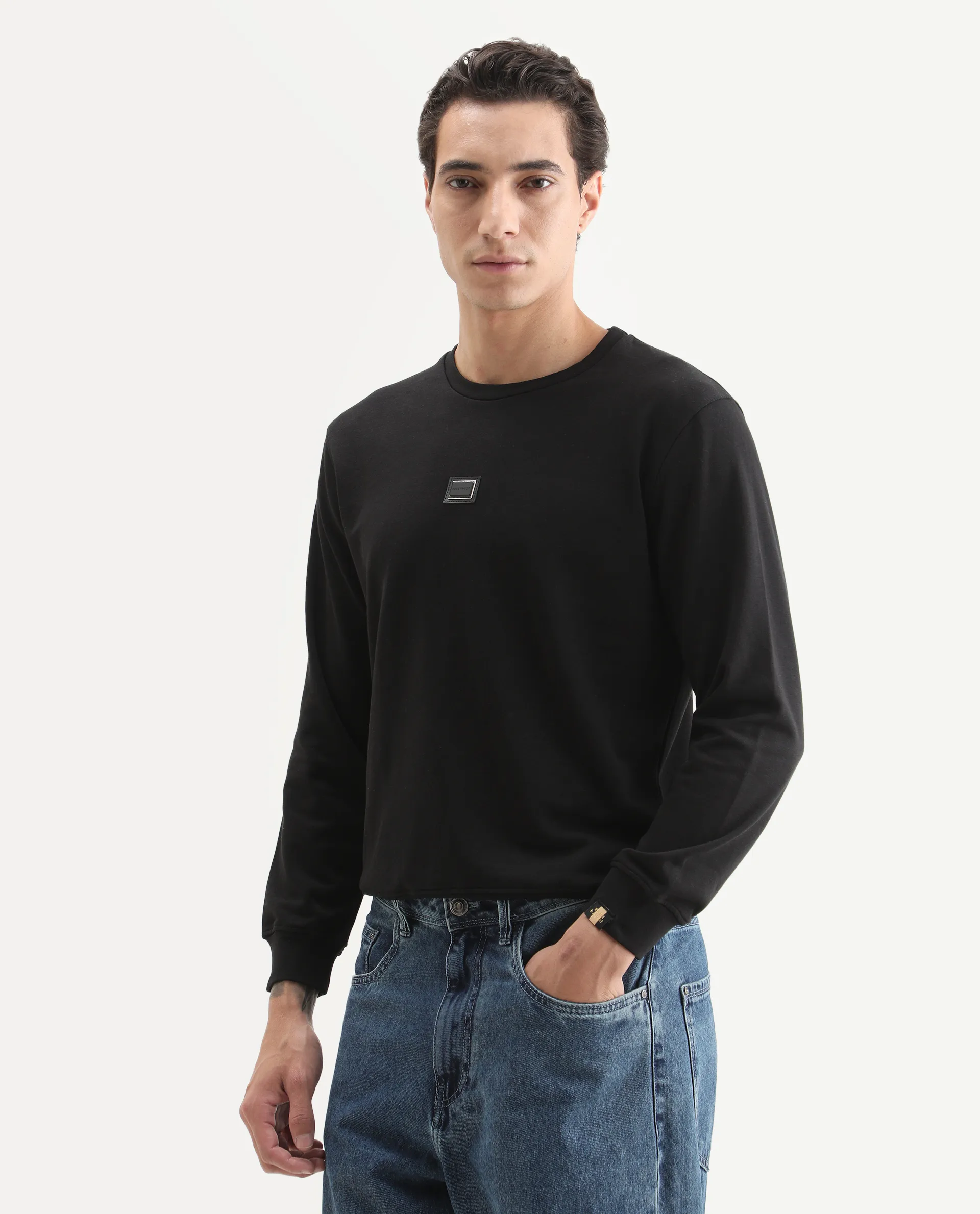 Rare Rabbit Men's Glitch Black Cotton Plain Regular Fit Full Sleeve Crew Neck Sweatshirt - Image 5