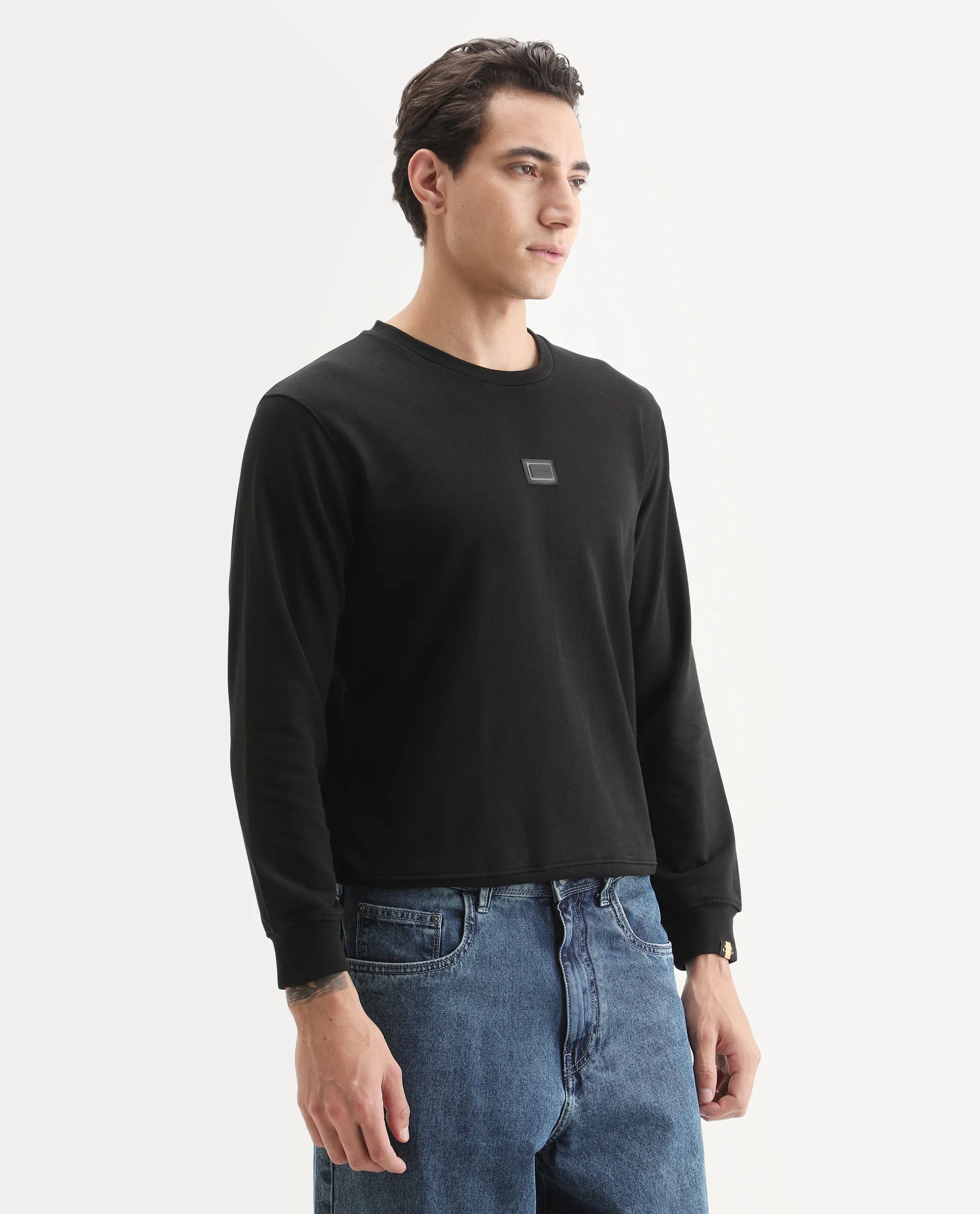 Rare Rabbit Men's Glitch Black Cotton Plain Regular Fit Full Sleeve Crew Neck Sweatshirt - Image 6