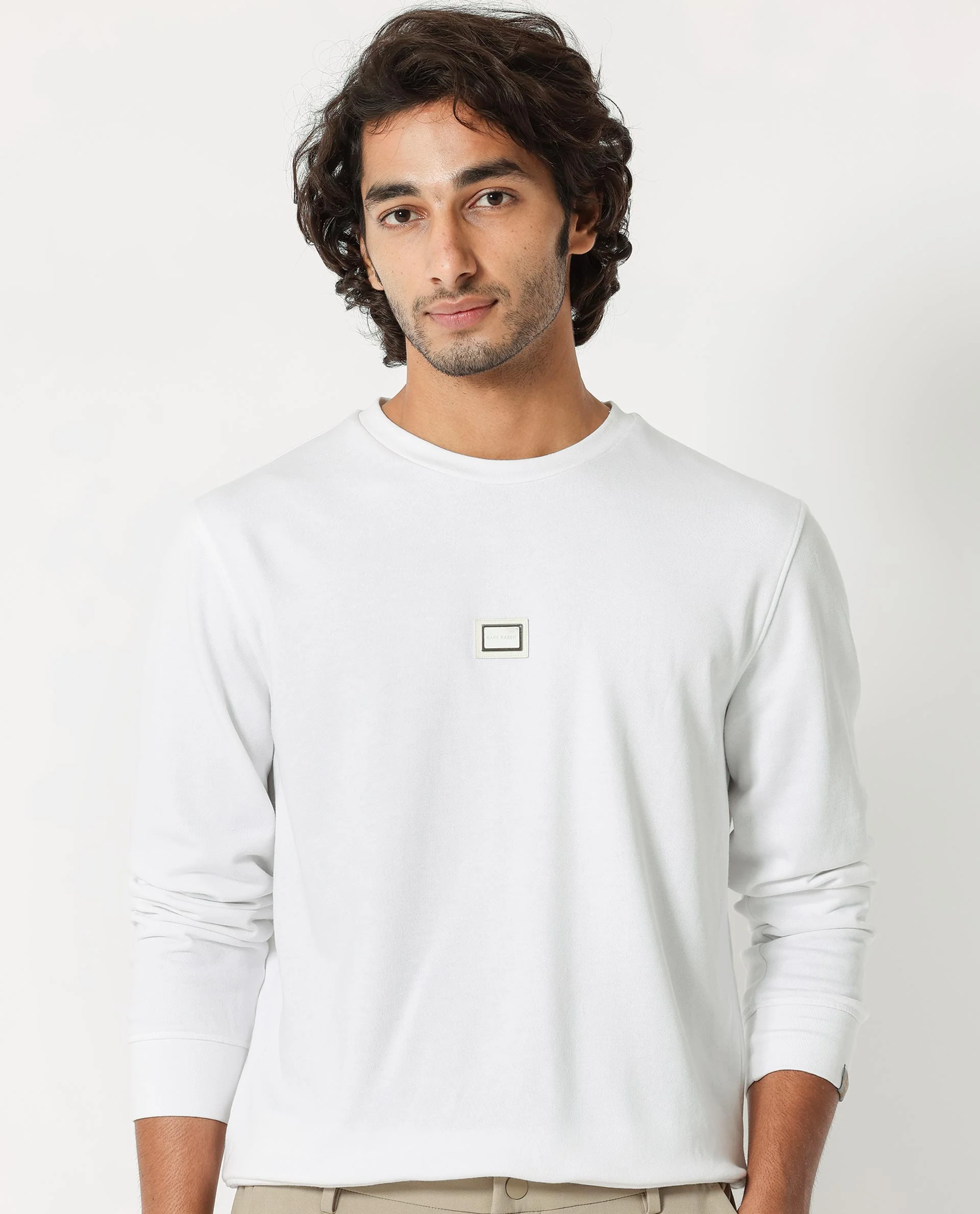 Rare Rabbit Men's Glitch White Cotton Plain Regular Fit Full Sleeve Crew Neck Sweatshirt - Image 2