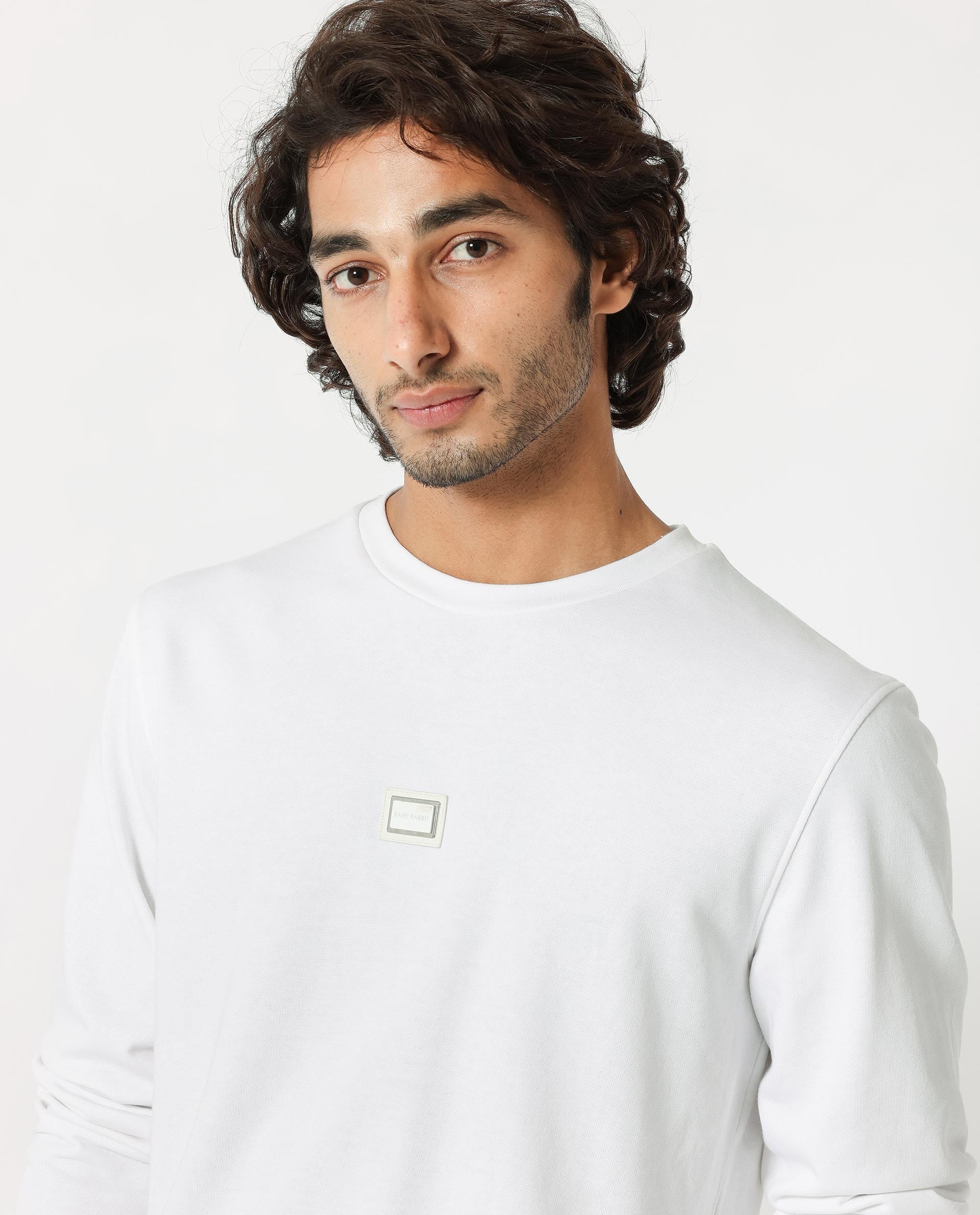 Rare Rabbit Men's Glitch White Cotton Plain Regular Fit Full Sleeve Crew Neck Sweatshirt - Image 4
