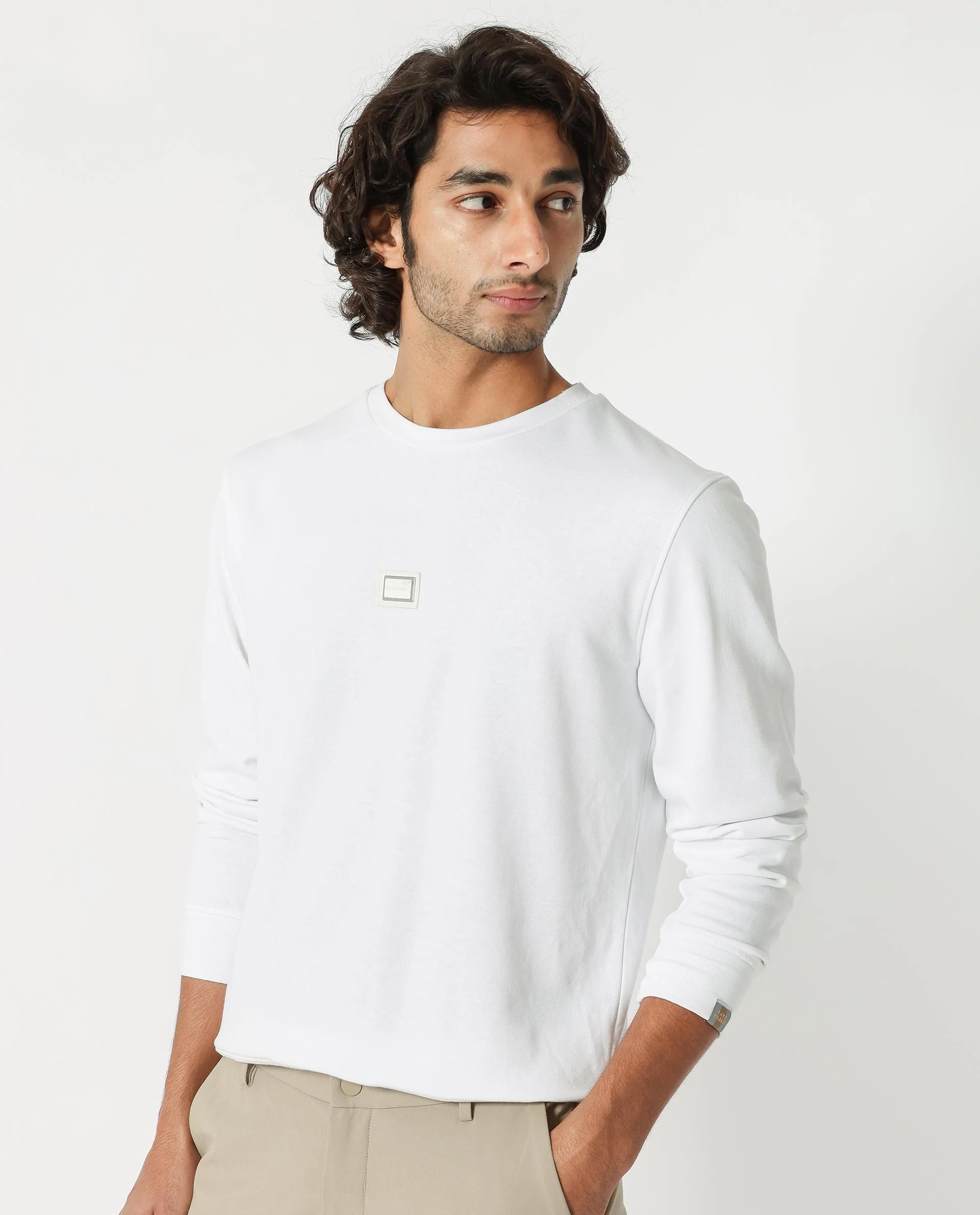 Rare Rabbit Men's Glitch White Cotton Plain Regular Fit Full Sleeve Crew Neck Sweatshirt - Image 6