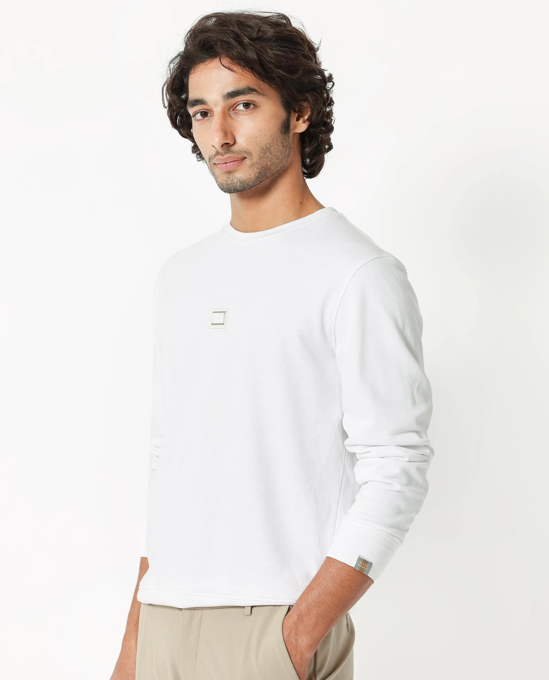 Rare Rabbit Men's Glitch White Cotton Plain Regular Fit Full Sleeve Crew Neck Sweatshirt - Image 7