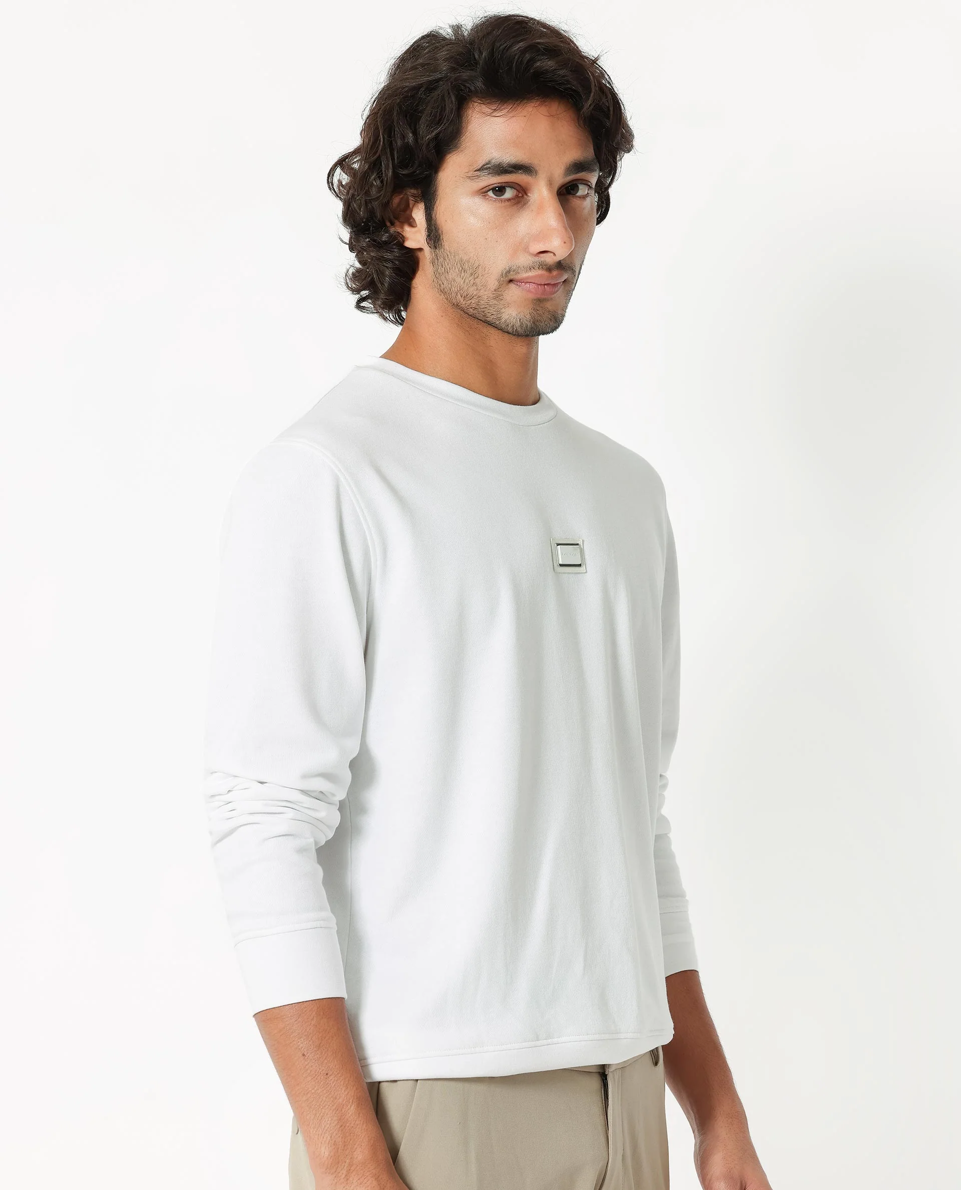 Rare Rabbit Men's Glitch White Cotton Plain Regular Fit Full Sleeve Crew Neck Sweatshirt - Image 8