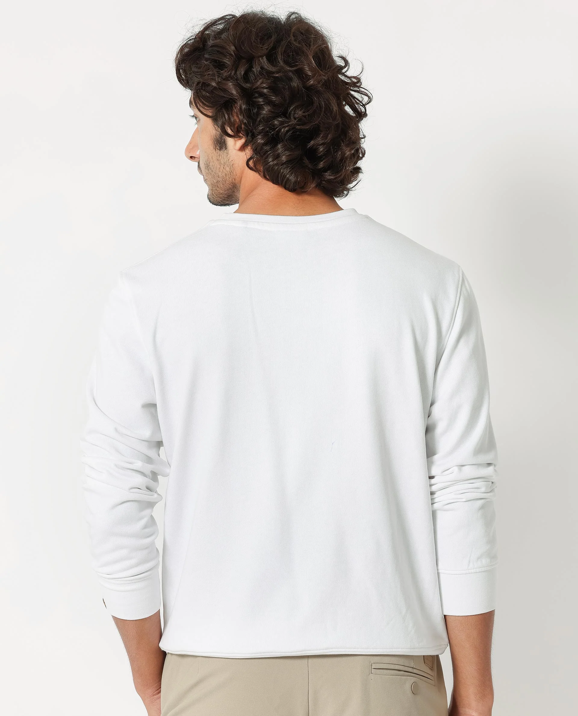 Rare Rabbit Men's Glitch White Cotton Plain Regular Fit Full Sleeve Crew Neck Sweatshirt - Image 9