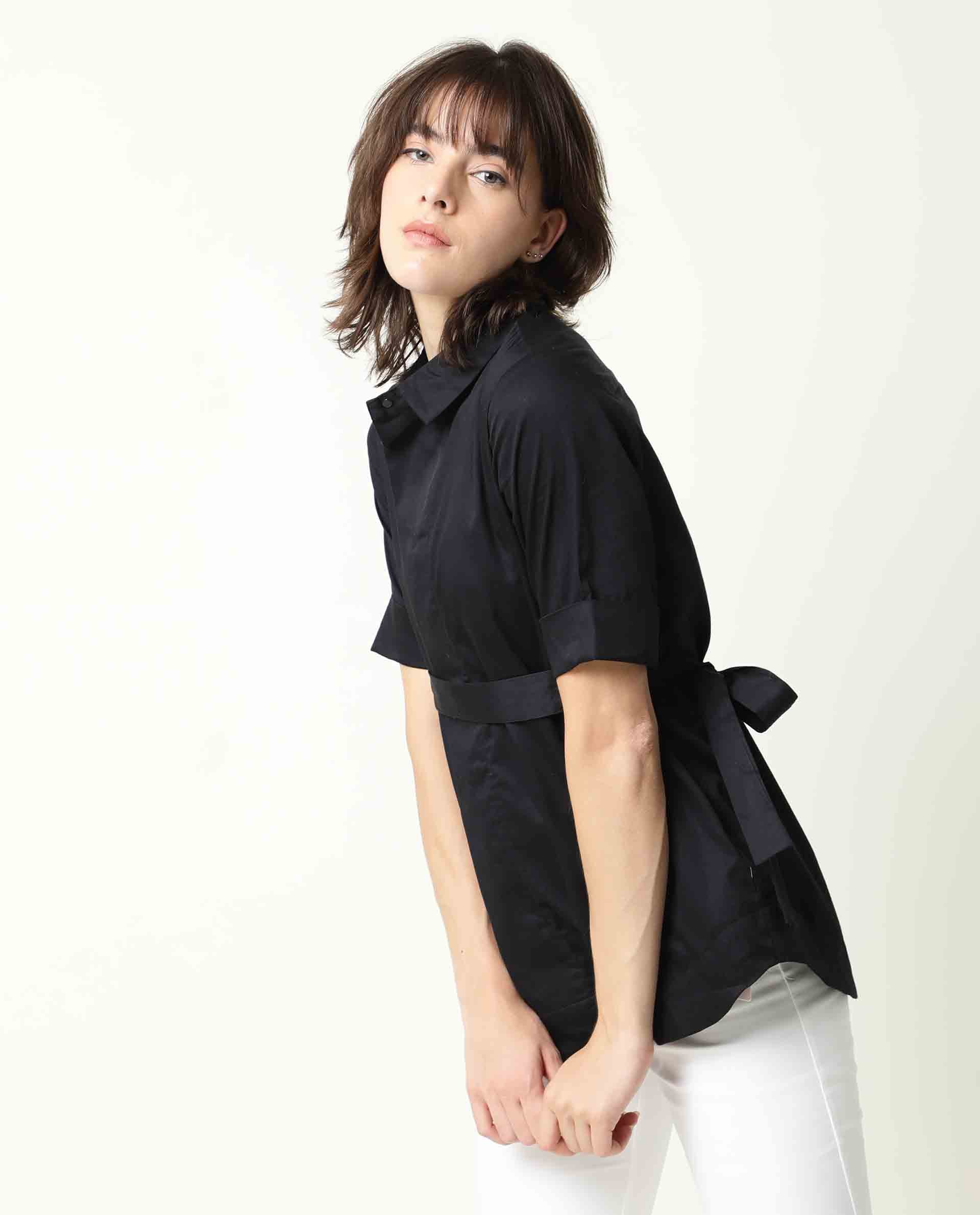 Rareism Women's Glitter Black Spread Collar Plain Knee Length Relaxed Fit Top - Image 11