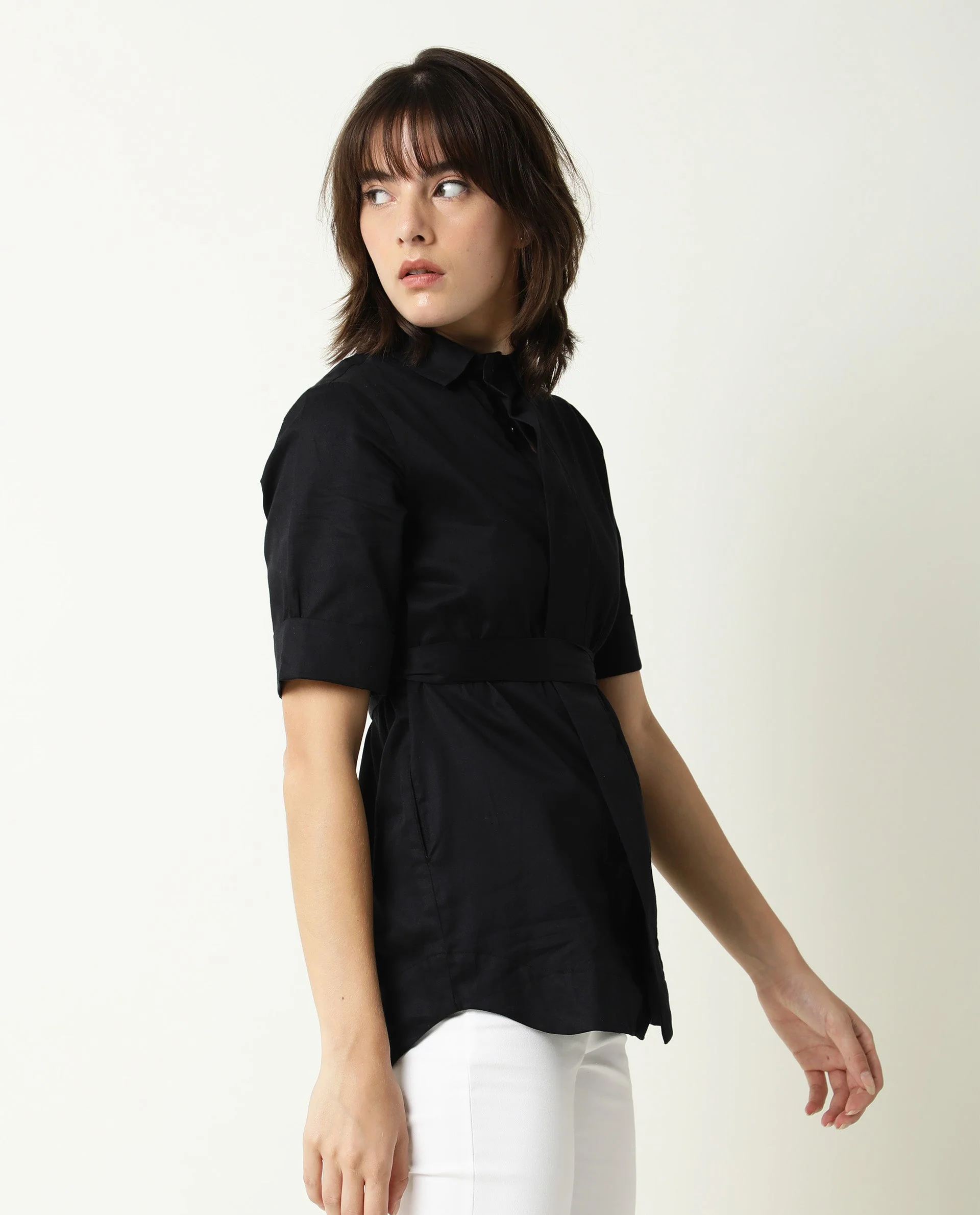 Rareism Women's Glitter Black Spread Collar Plain Knee Length Relaxed Fit Top - Image 4