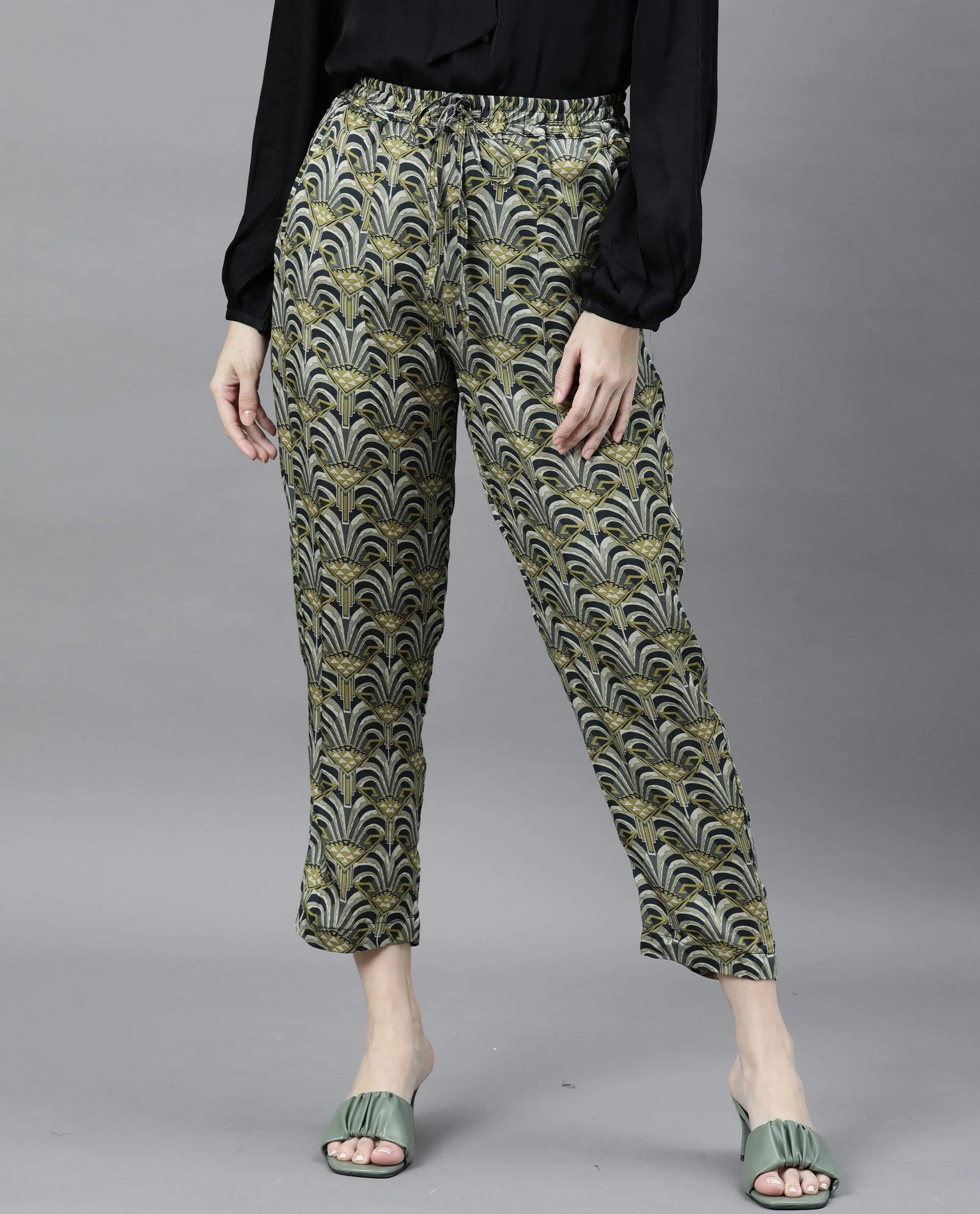 Rareism Women's Globe Green Modal Abstract Print Ankle Length Regular Fit Trouser