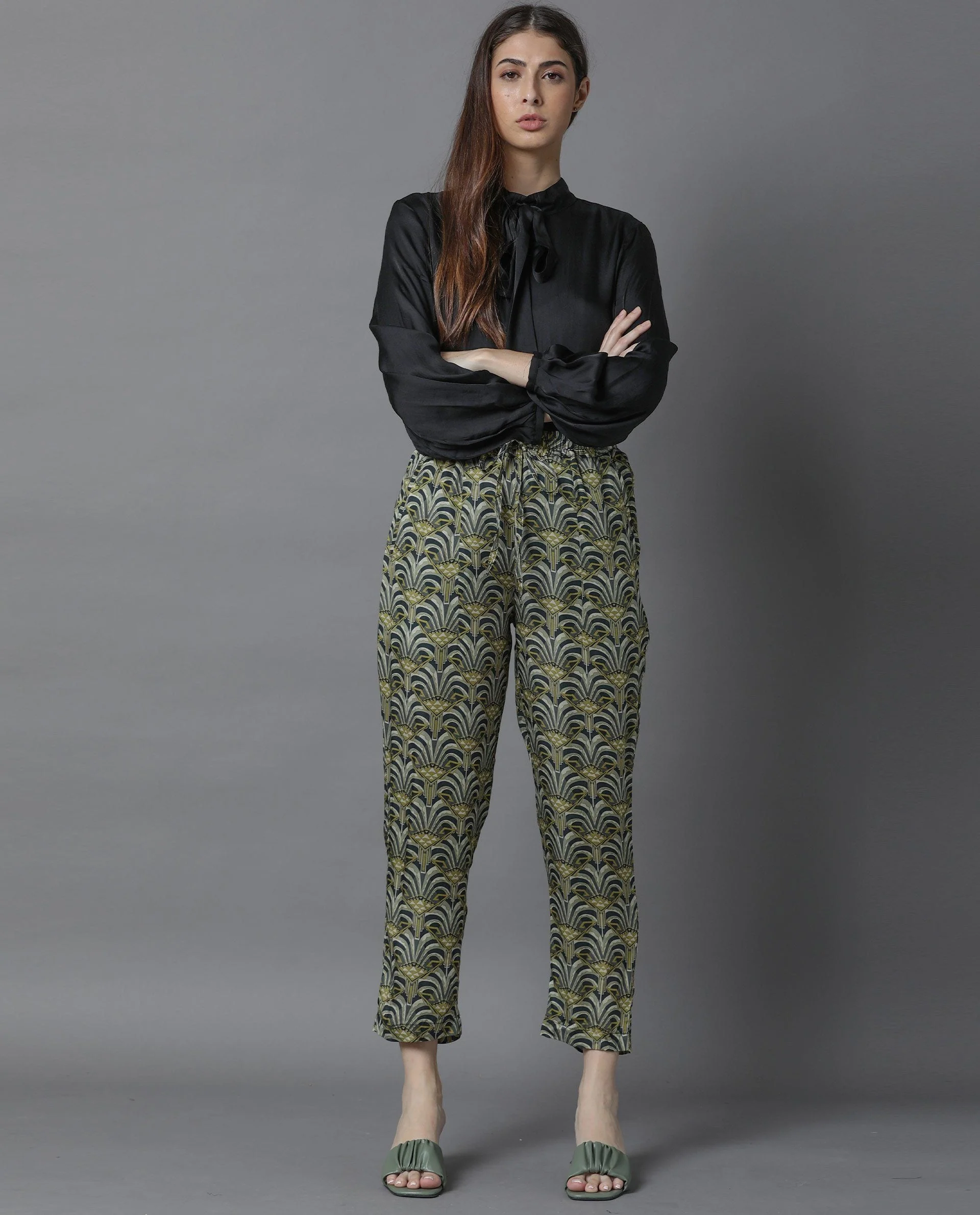 Rareism Women's Globe Green Modal Abstract Print Ankle Length Regular Fit Trouser - Image 5