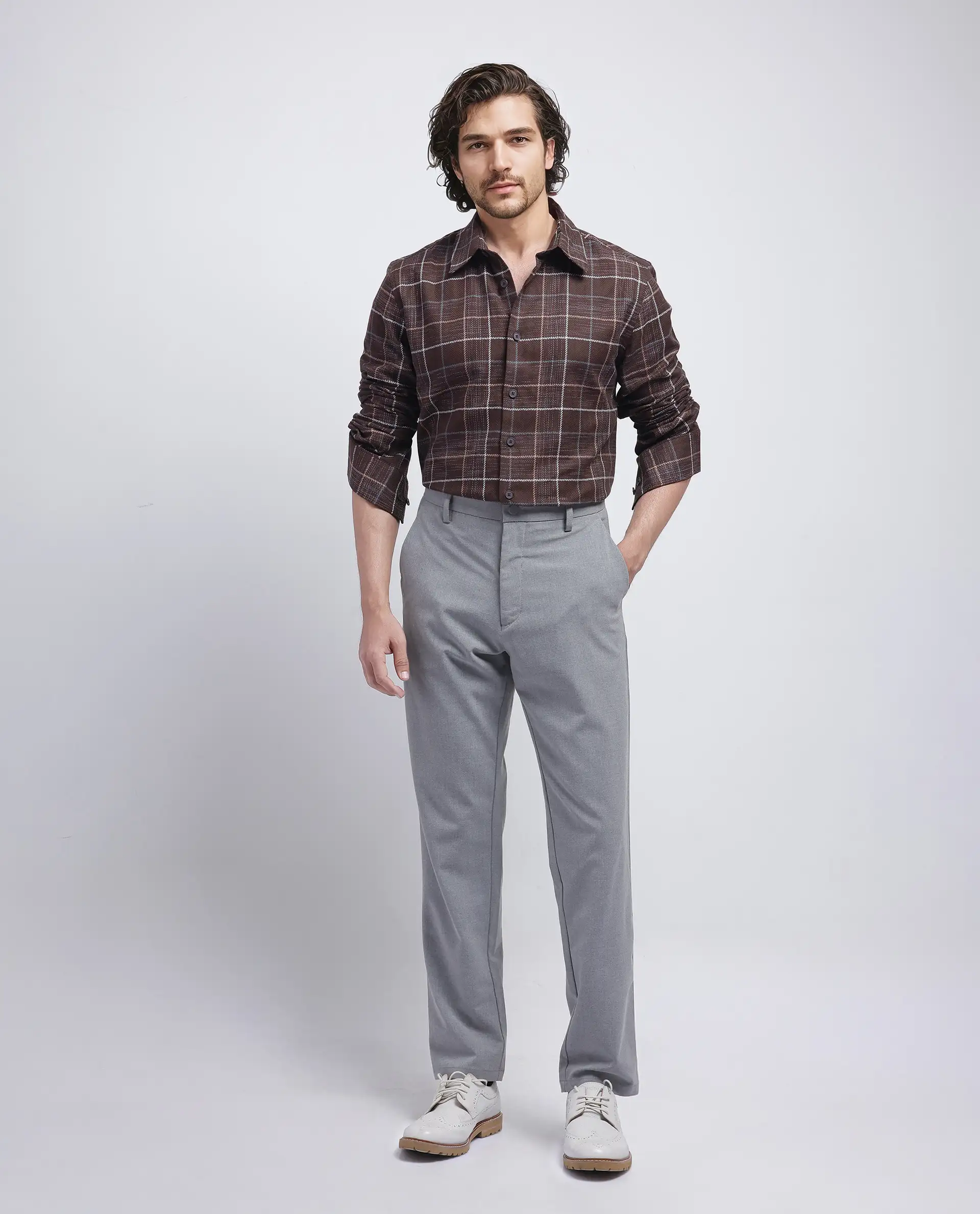 Rare Rabbit Men's Glofnik Dark Brown Cotton Checked Print Regular Fit Full Sleeve Collared Shirt - Image 2