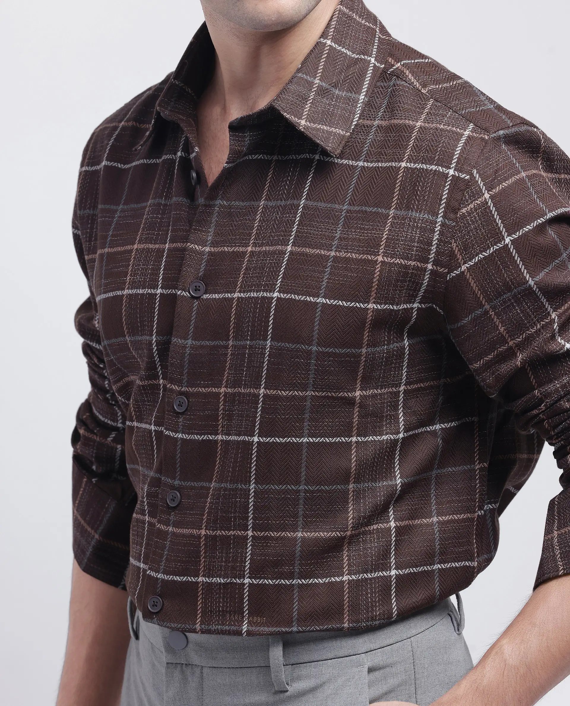 Rare Rabbit Men's Glofnik Dark Brown Cotton Checked Print Regular Fit Full Sleeve Collared Shirt - Image 3