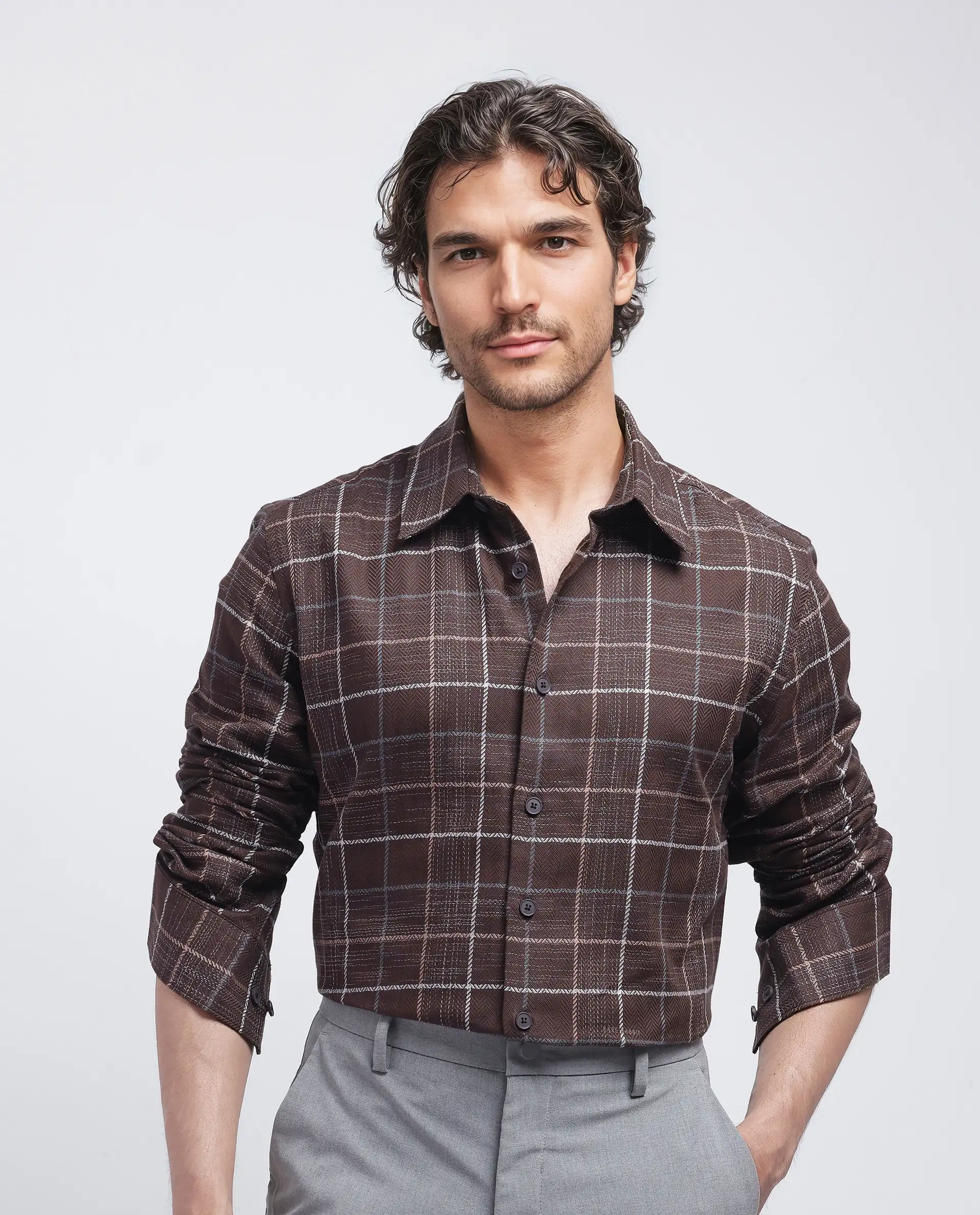 Rare Rabbit Men's Glofnik Dark Brown Cotton Checked Print Regular Fit Full Sleeve Collared Shirt - Image 6