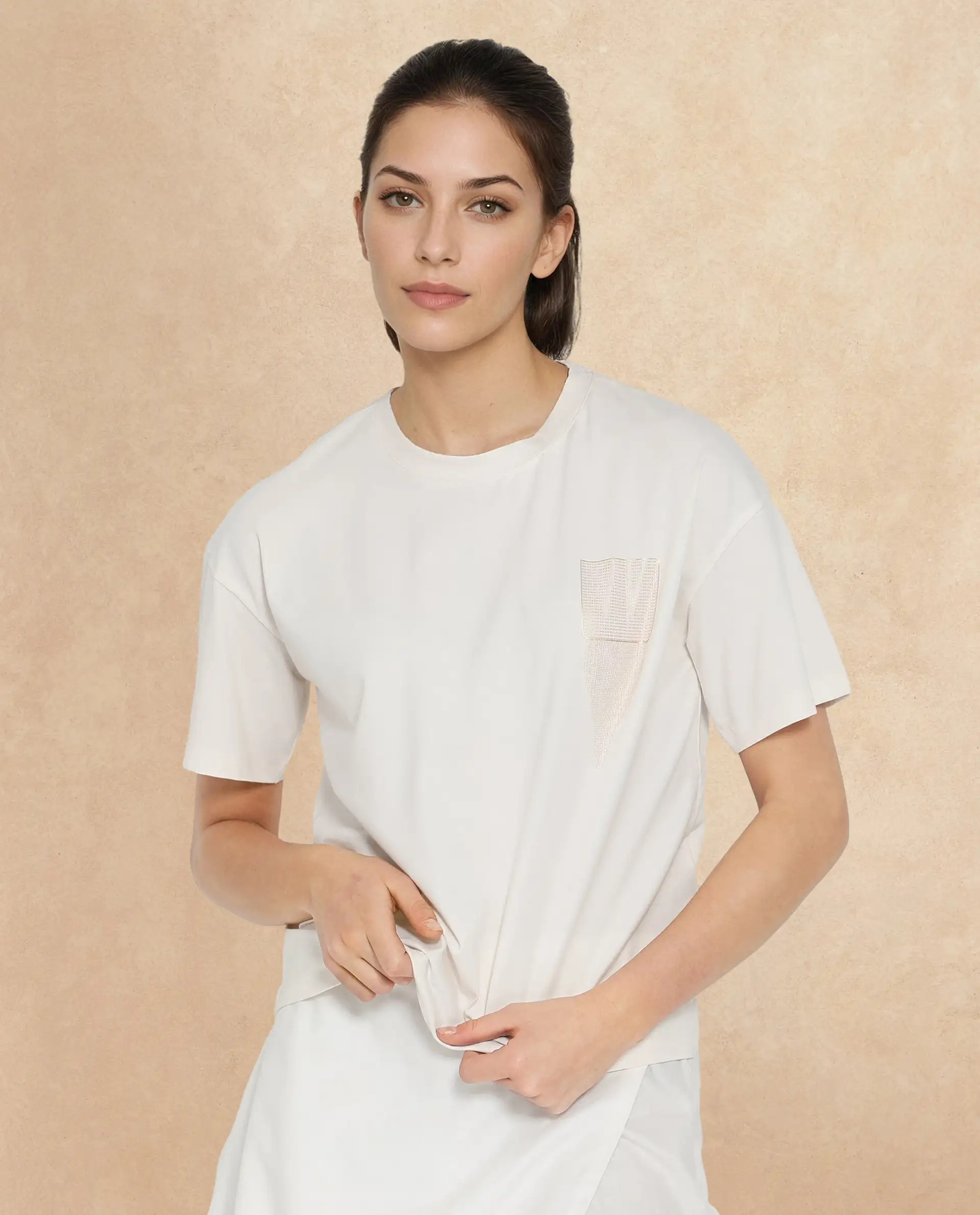 Rareism Women's Glondit Off White Cotton Blend Crew Neck Graphic Print Boxy Fit T-Shirt