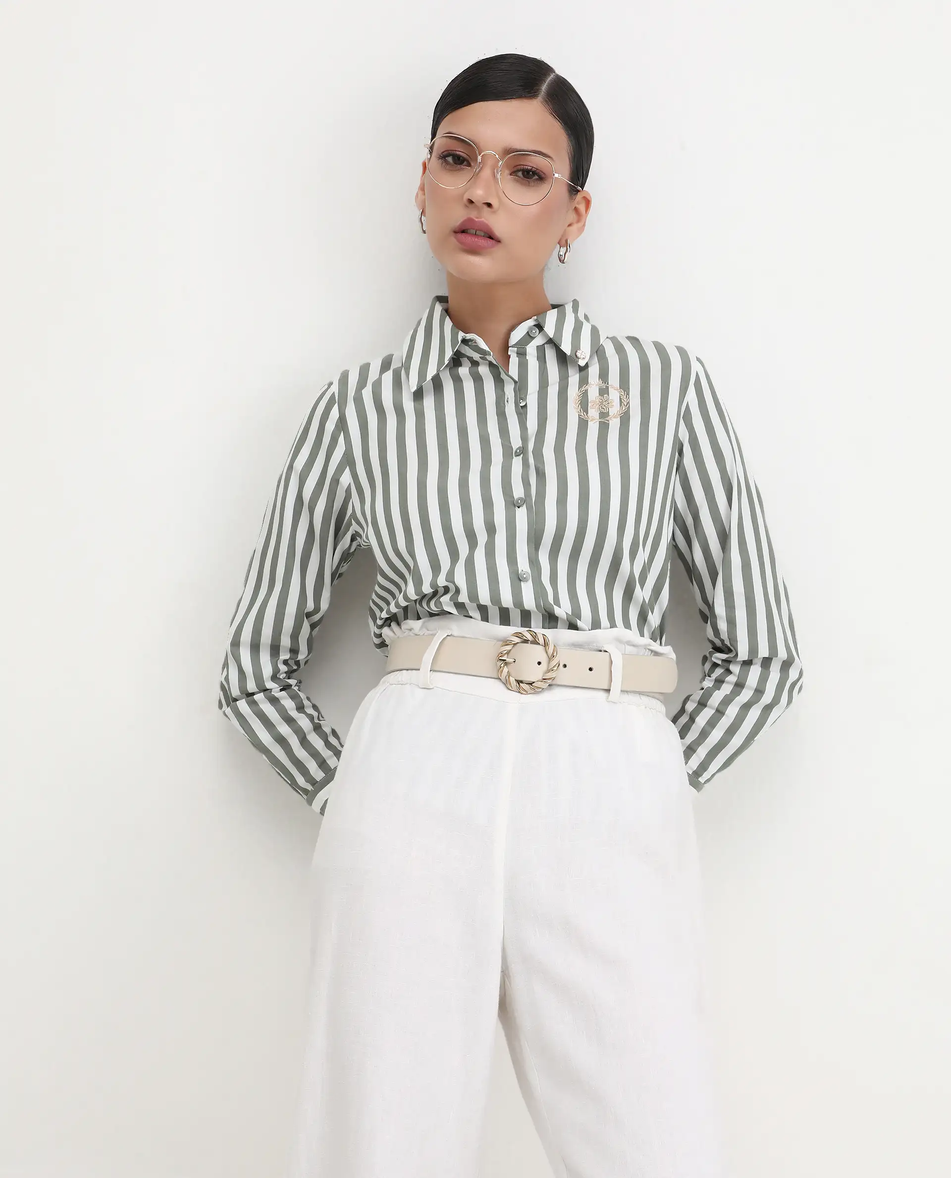 Rareism Women's Gloop Green Cotton Drop Collar Striped Cuffed Sleeve Regular Fit Shirt