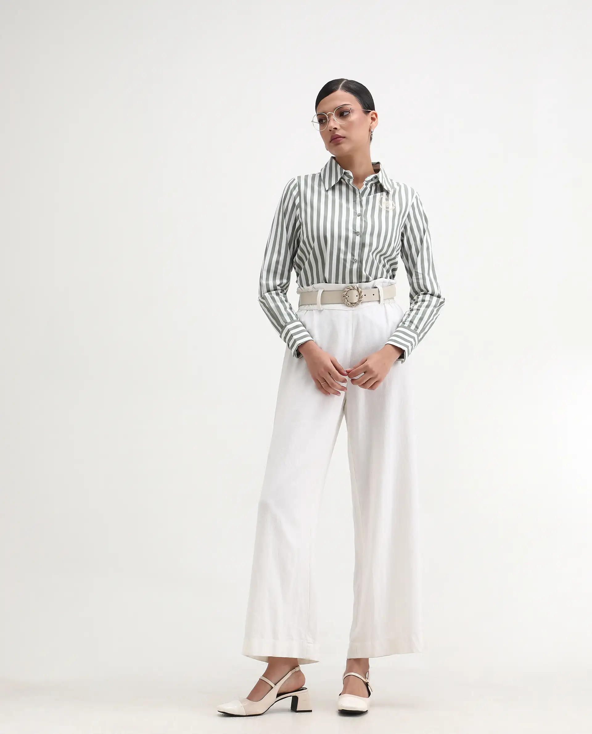 Rareism Women's Gloop Green Cotton Drop Collar Striped Cuffed Sleeve Regular Fit Shirt - Image 2