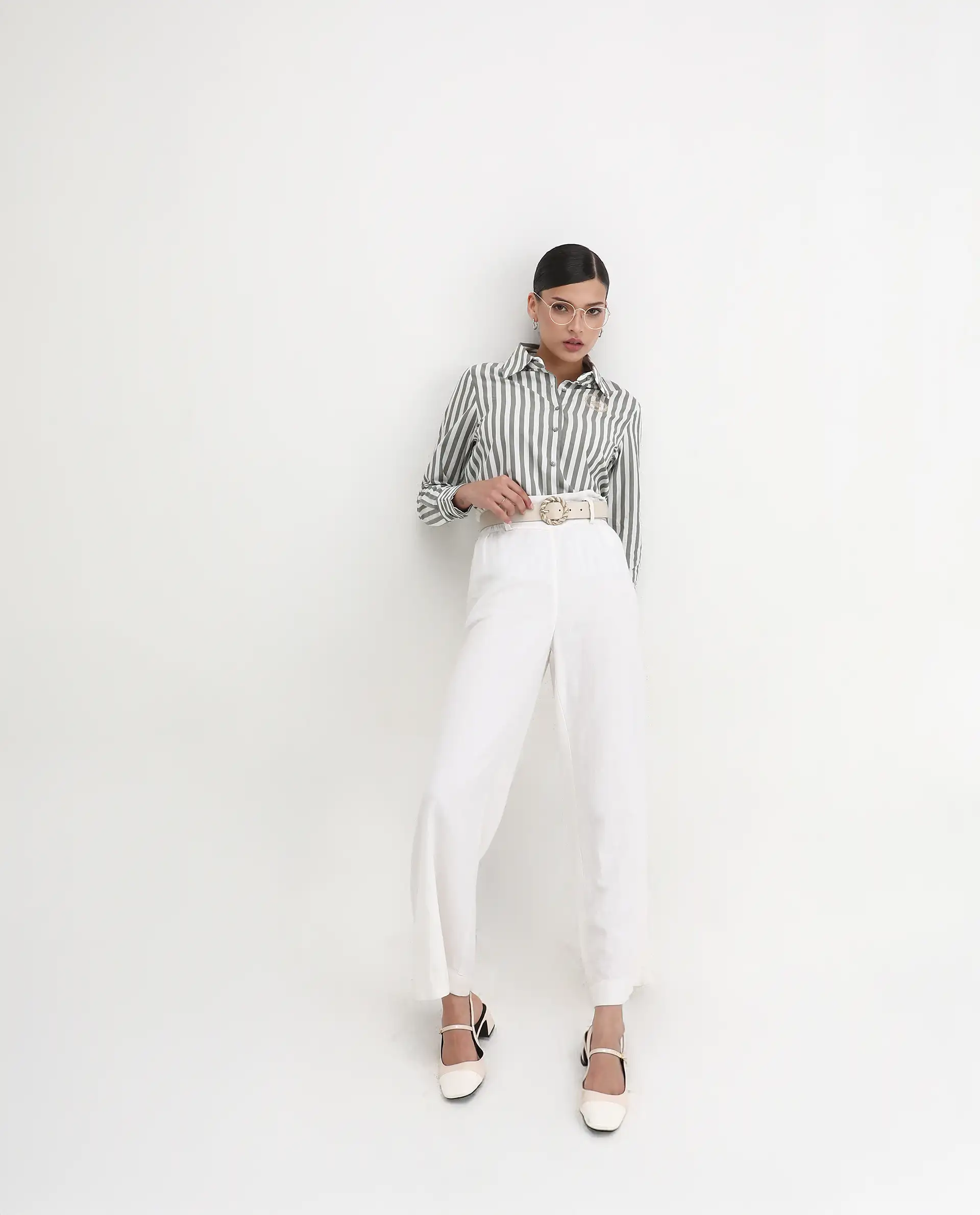 Rareism Women's Gloop Green Cotton Drop Collar Striped Cuffed Sleeve Regular Fit Shirt - Image 4