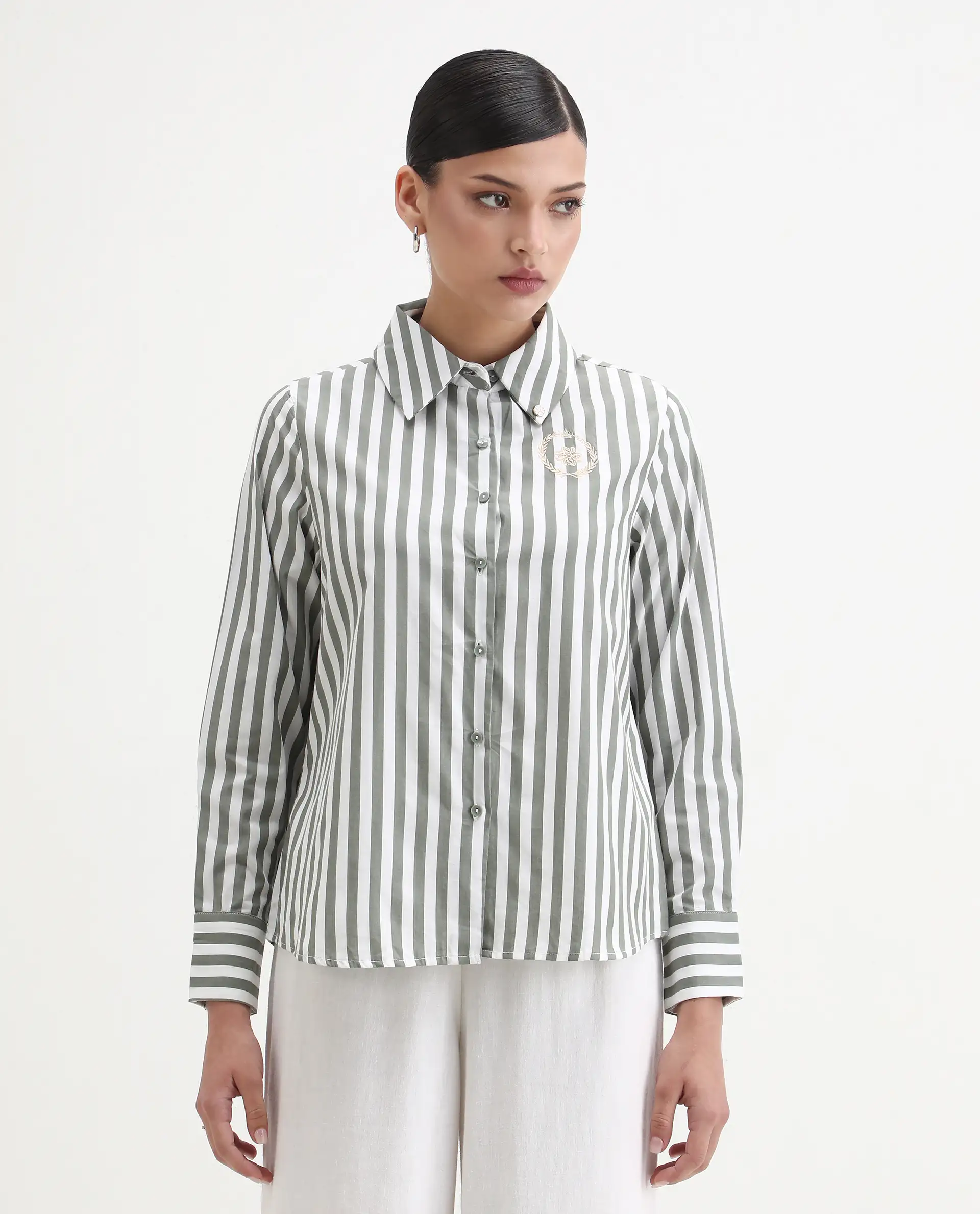 Rareism Women's Gloop Green Cotton Drop Collar Striped Cuffed Sleeve Regular Fit Shirt - Image 5