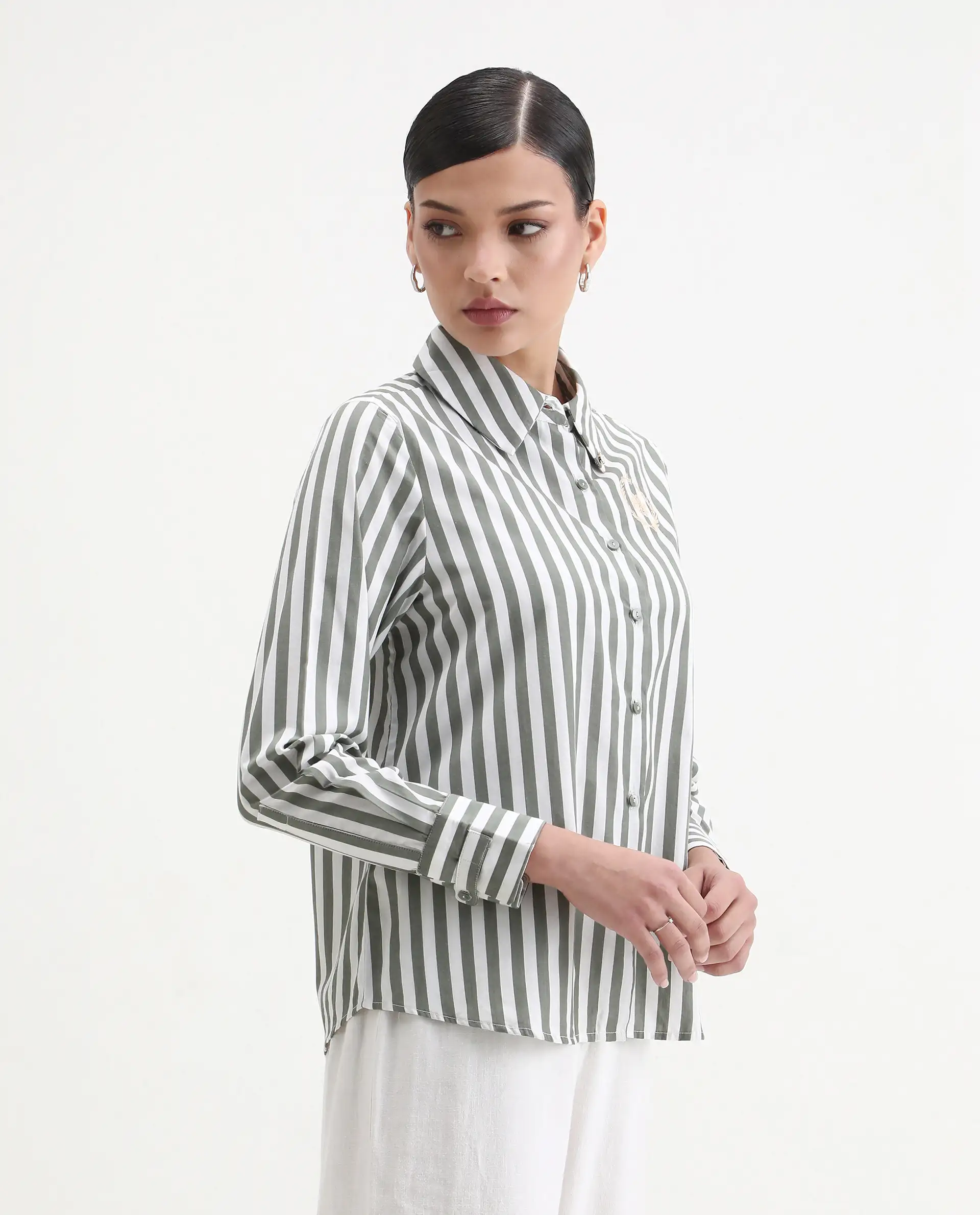 Rareism Women's Gloop Green Cotton Drop Collar Striped Cuffed Sleeve Regular Fit Shirt - Image 6